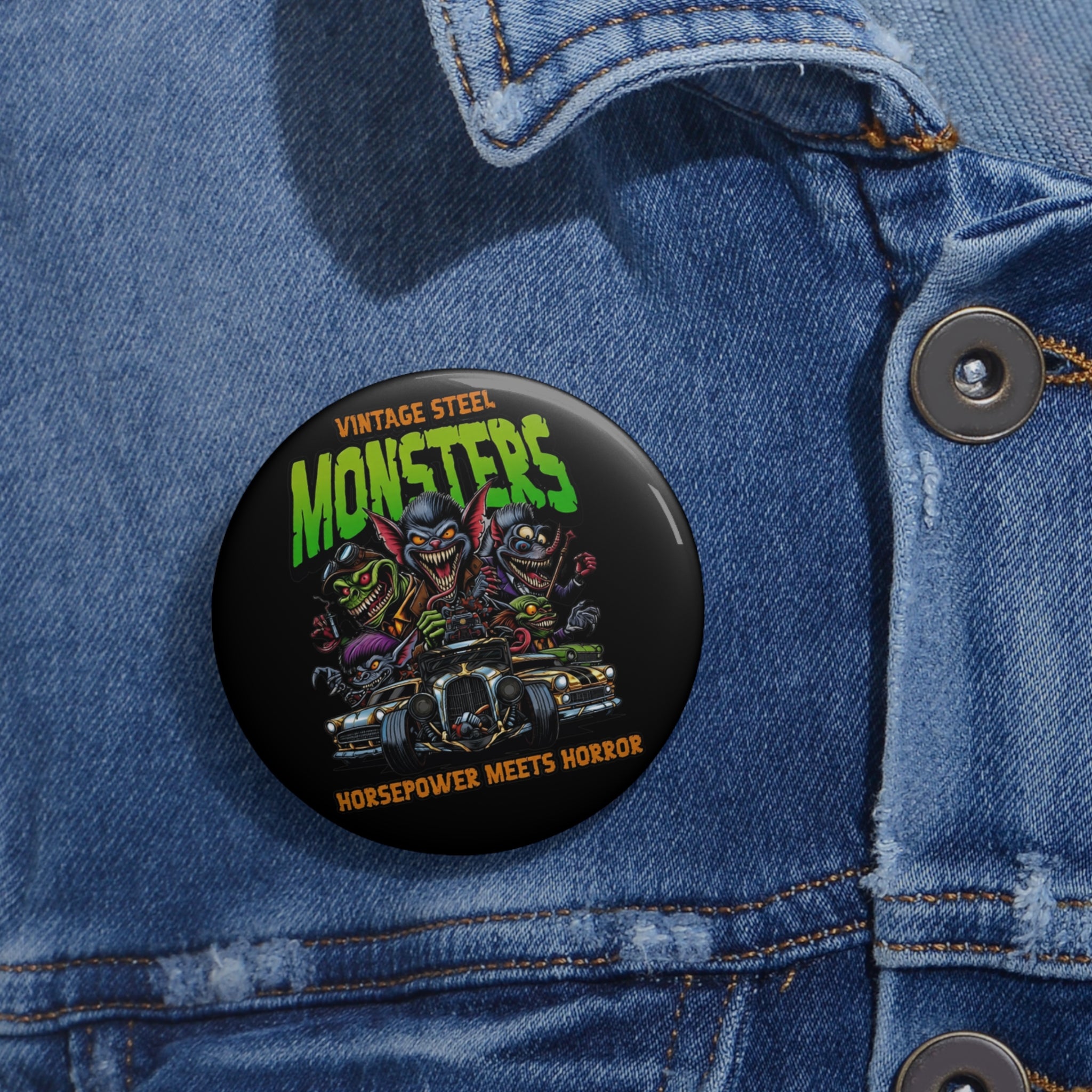 Monster Car Pin Button — “Vintage Steel Monsters: Horsepower Meets Horror”