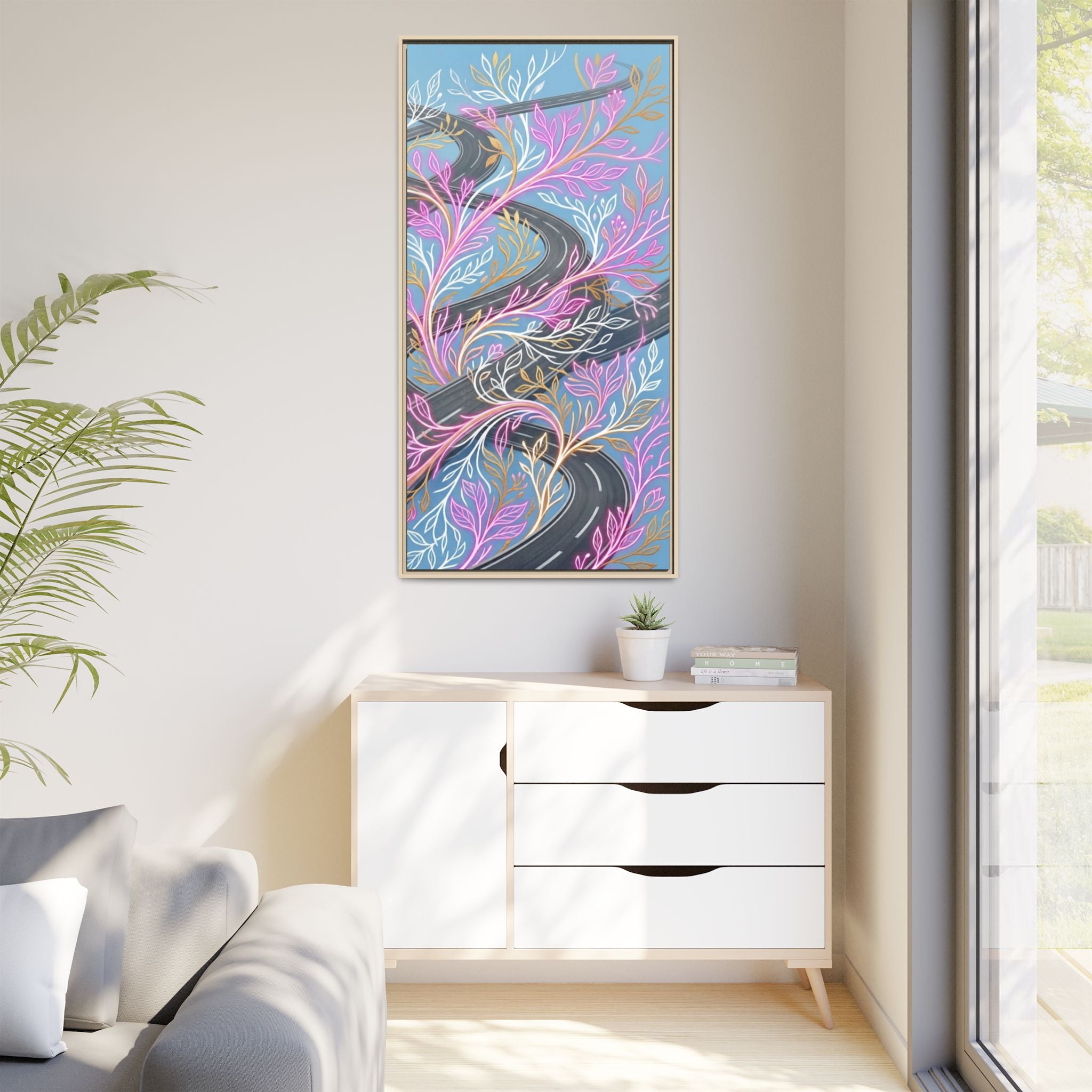 Framed Matte Canvas Floral Vines Wall Art — Pastel Botanical Abstract