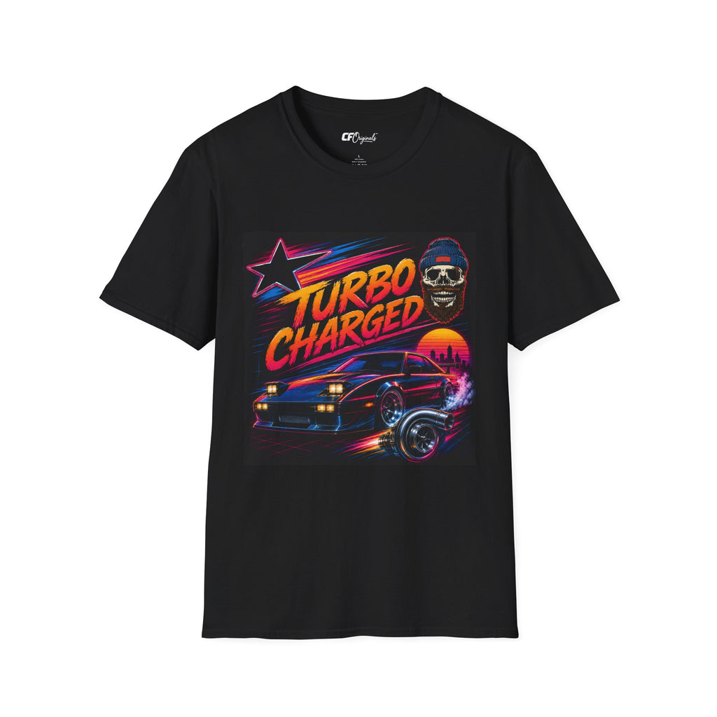 Turbo Charged Retro Car T-Shirt — Neon Racing Skull Design