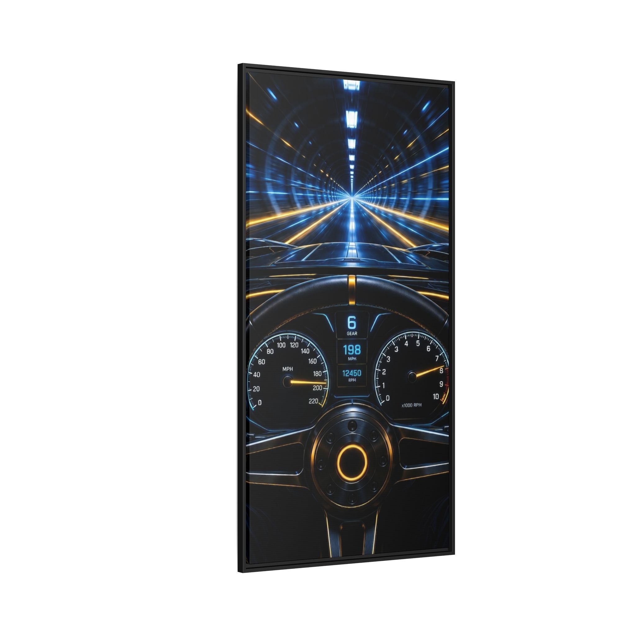 Tunnel Drive Framed Canvas Print — Retro Futuristic Car Dashboard Wall Art
