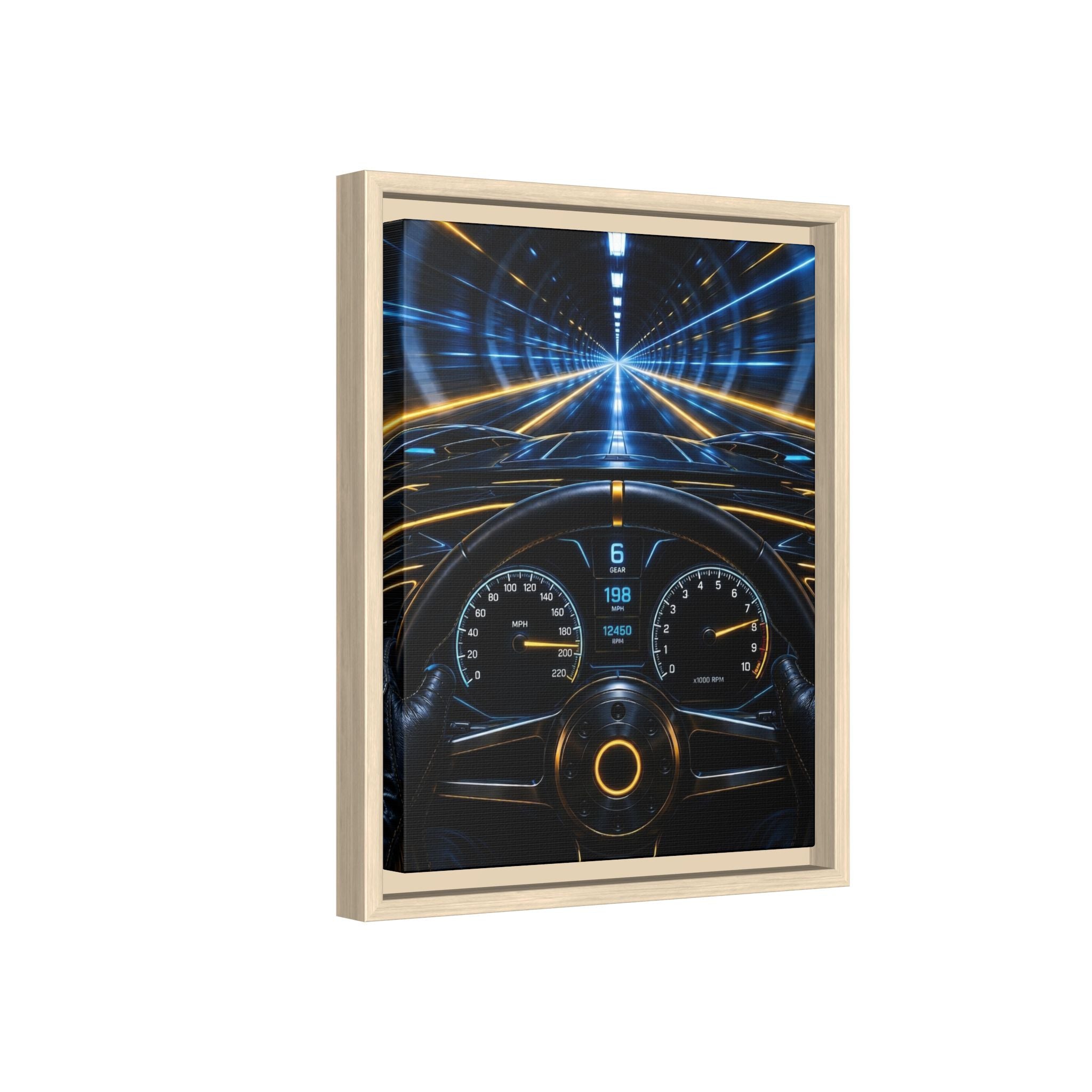 Tunnel Drive Framed Canvas Print — Retro Futuristic Car Dashboard Wall Art