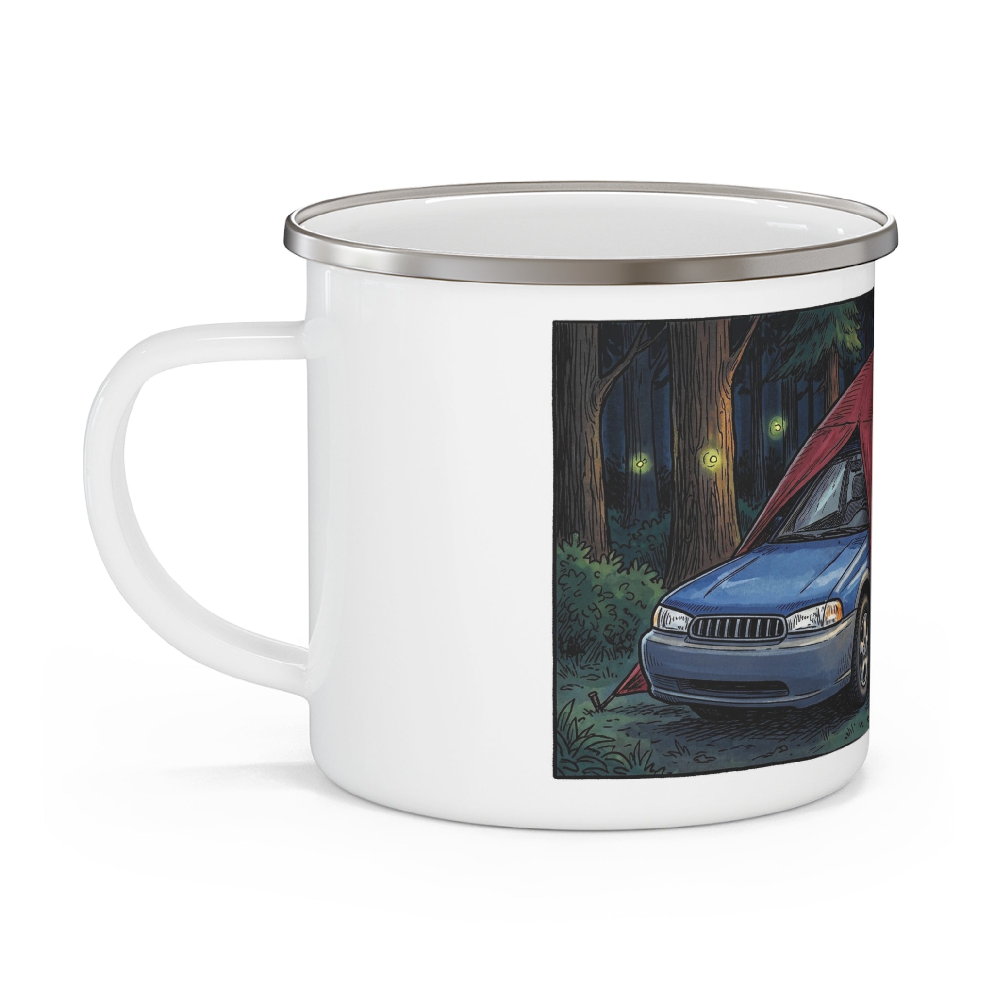 Enamel Camping Mug — Funny Car Tent Camping Cartoon
