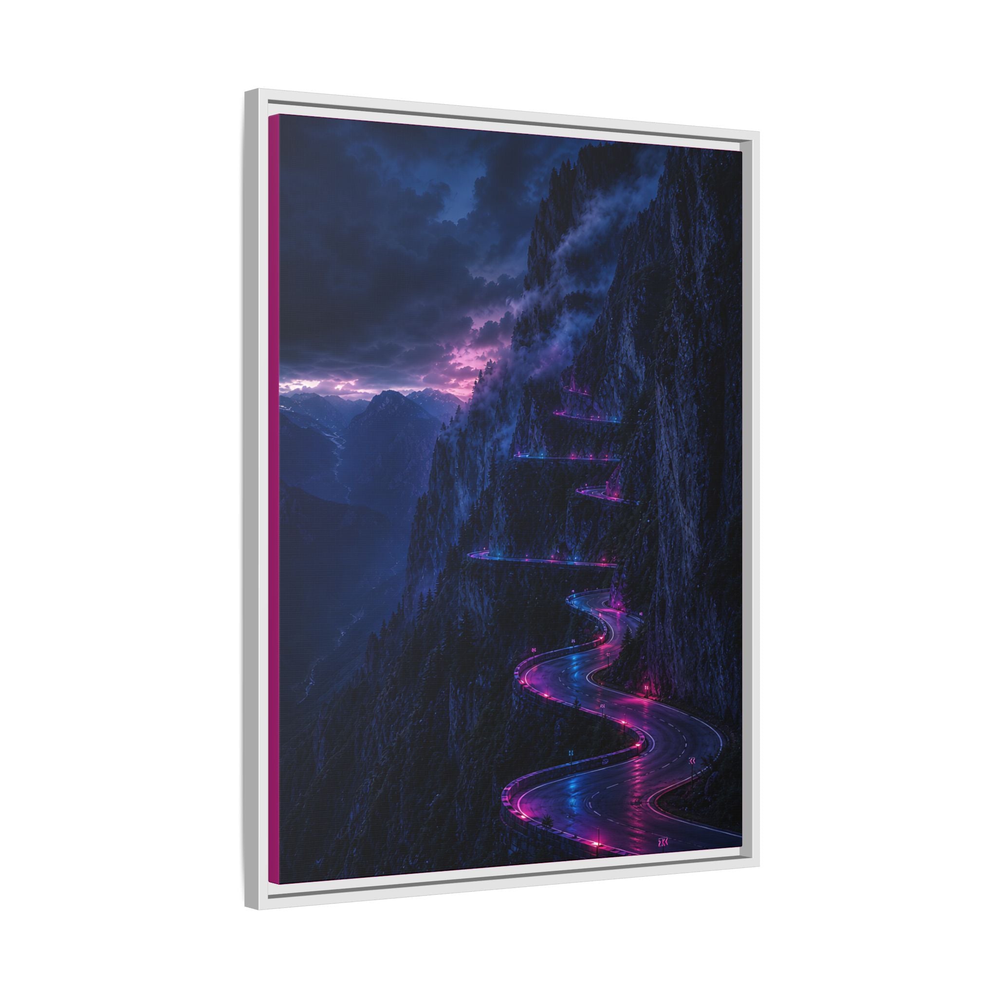 Neon Mountain Road Matte Canvas Print — Framed Nightscape Wall Art