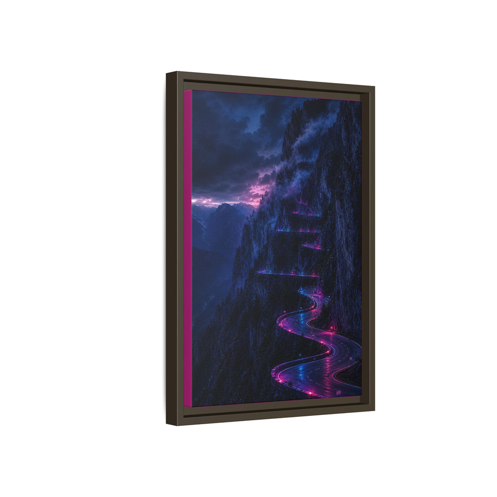 Neon Mountain Road Matte Canvas Print — Framed Nightscape Wall Art