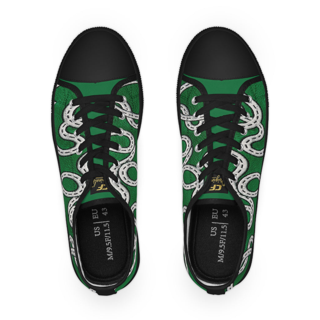 Road Design Canvas Shoes on Green Leather Print.
