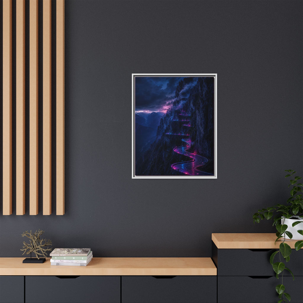 Neon Mountain Road Matte Canvas Print — Framed Nightscape Wall Art