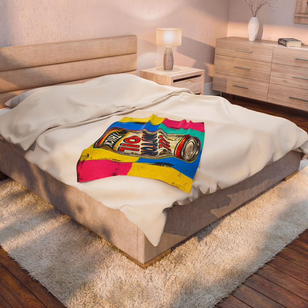 Pop Art Motor Oil Can Velveteen Plush Blanket — Retro Garage Throw