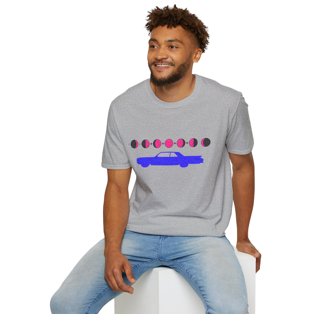 Retro Moon Phase Car T‑Shirt — Blue Classic Car with Pink Moon Phases