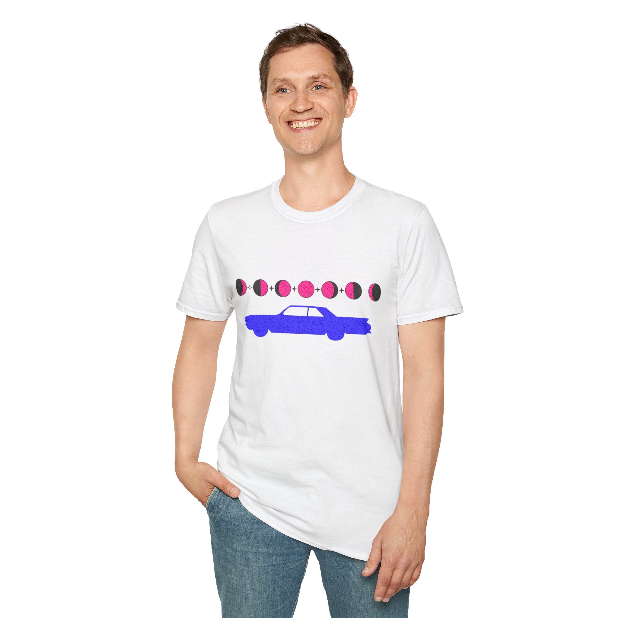 Retro Moon Phase Car T‑Shirt — Blue Classic Car with Pink Moon Phases