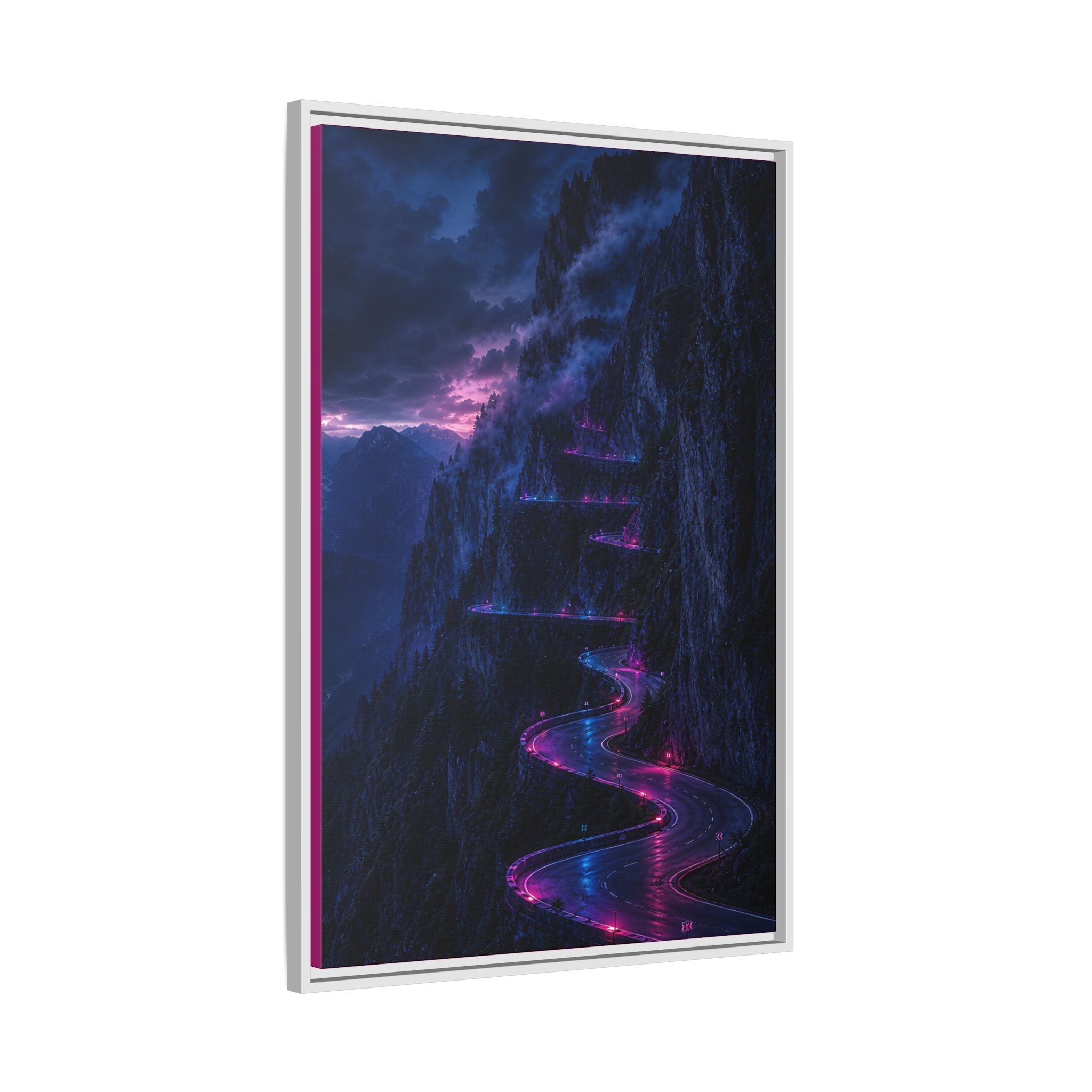 Neon Mountain Road Matte Canvas Print — Framed Nightscape Wall Art