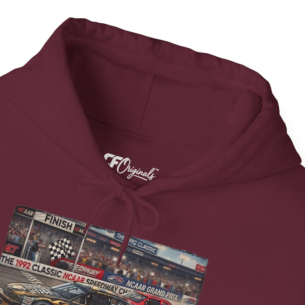 Racing Garage Hooded Sweatshirt — Vintage Racecar Track Scene