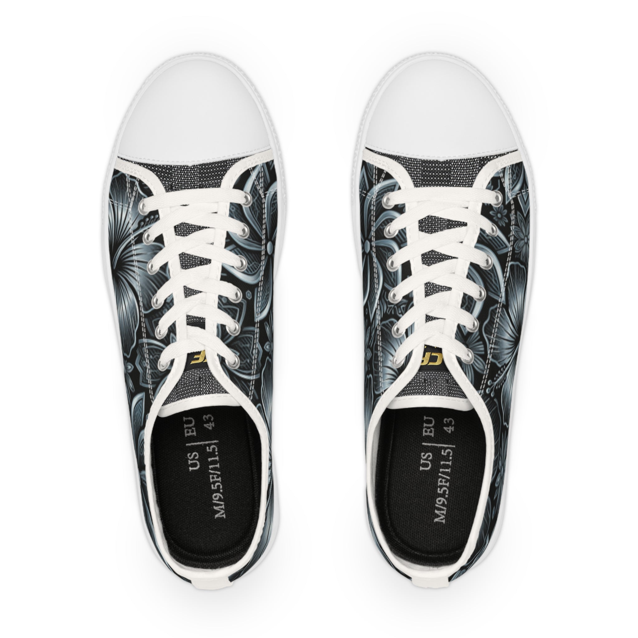 Men's Hibiscus Low Top Sneakers — Black & Silver Tropical Canvas Shoes
