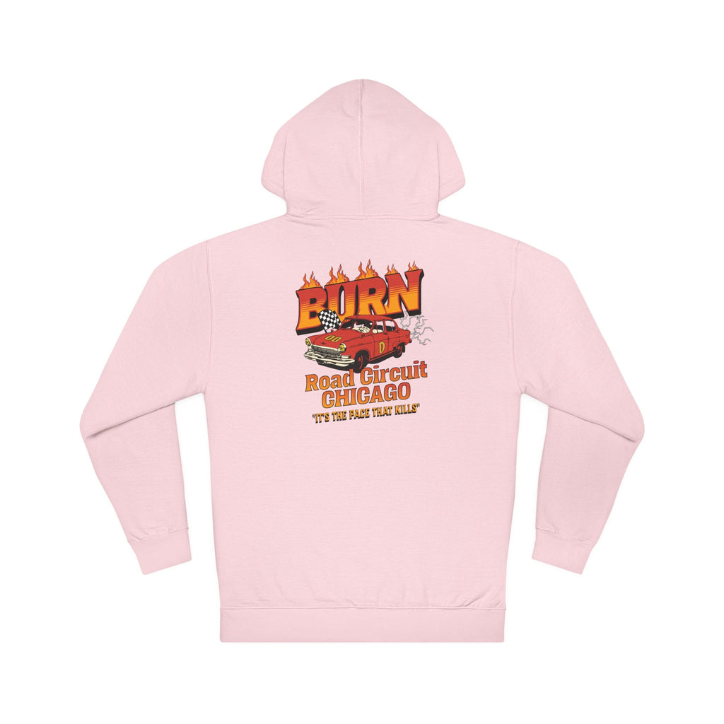 Chicago Road Circuit Hoodie — 'Burn' Flaming Race Car Retro Graphic Sweatshirt