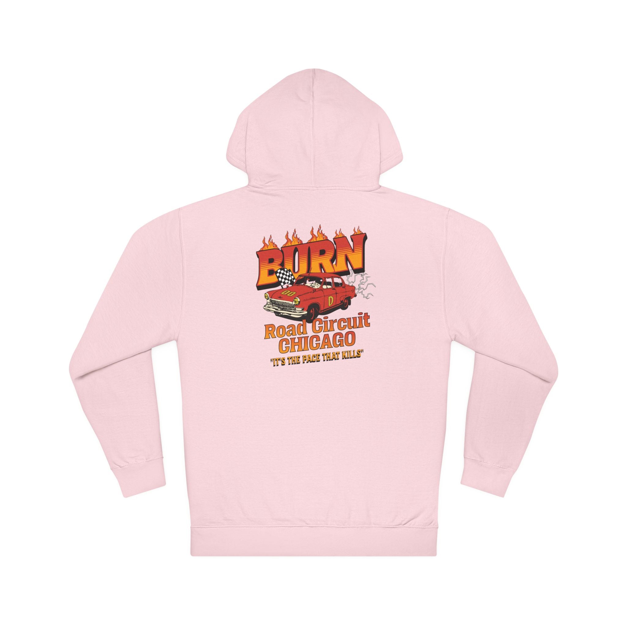 Chicago Road Circuit Hoodie — 'Burn' Flaming Race Car Retro Graphic Sweatshirt