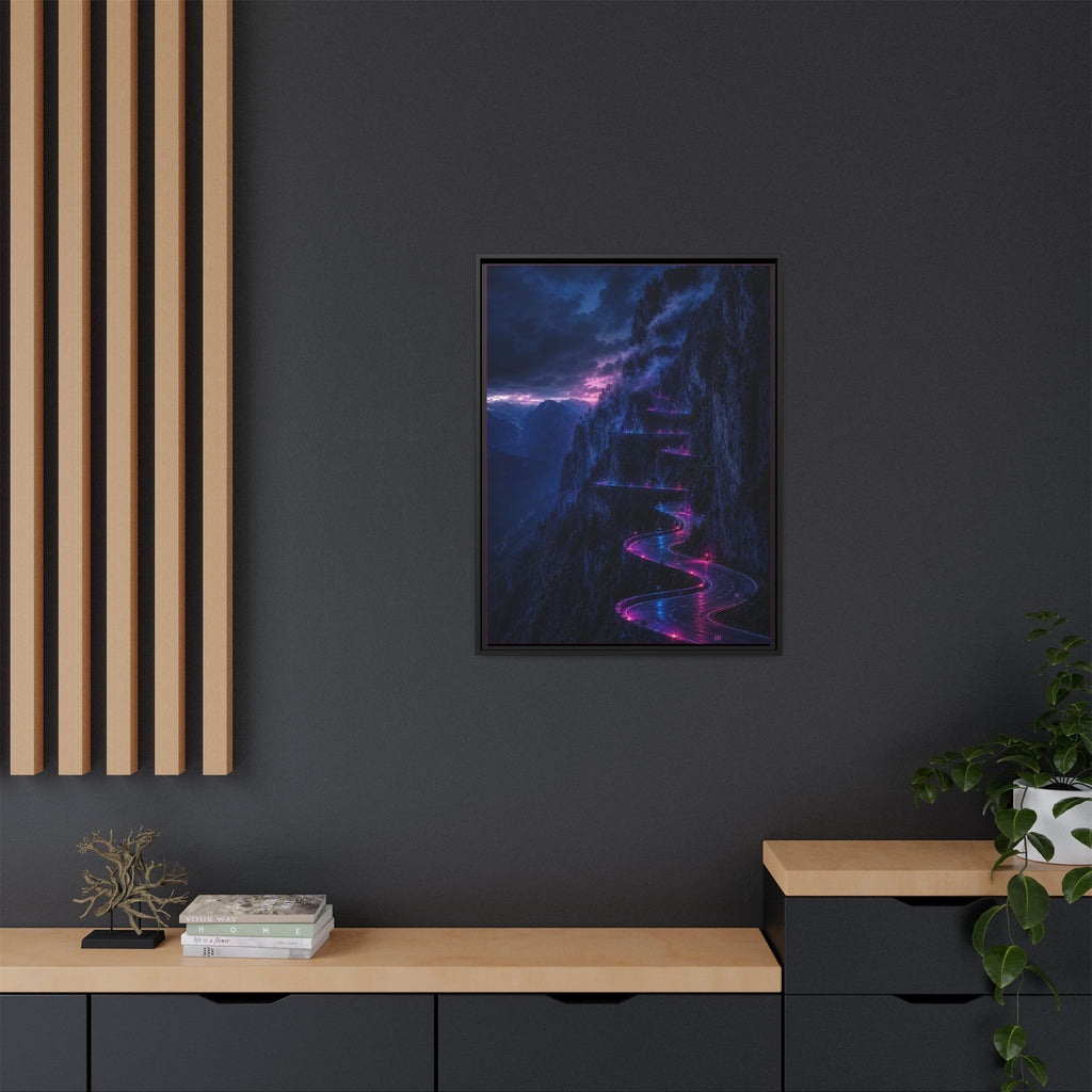 Neon Mountain Road Matte Canvas Print — Framed Nightscape Wall Art