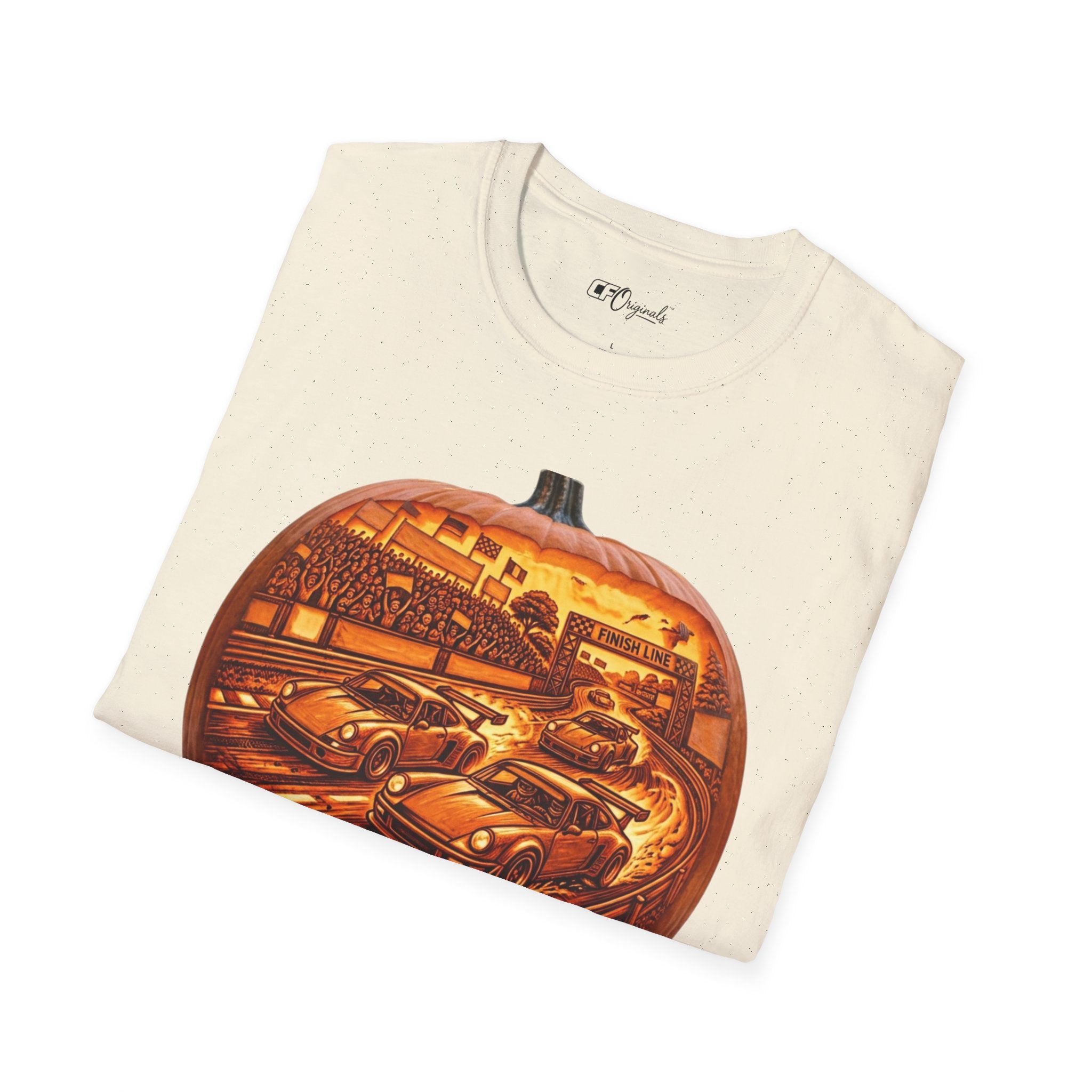 Vintage Racing Pumpkin T-Shirt — Retro Car Grand Prix Halloween Tee