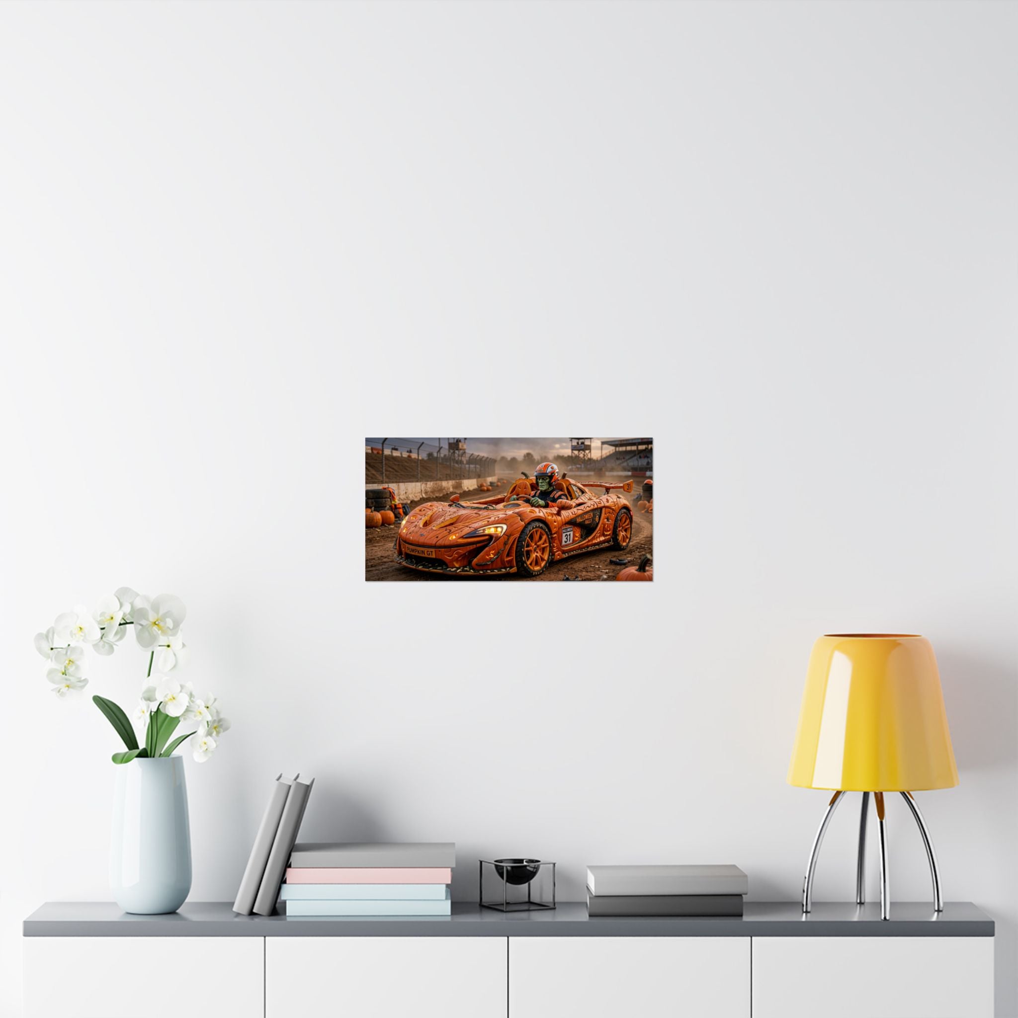 Halloween Race Car Poster — Orange Pumpkin Sports Car Matte Horizontal Print