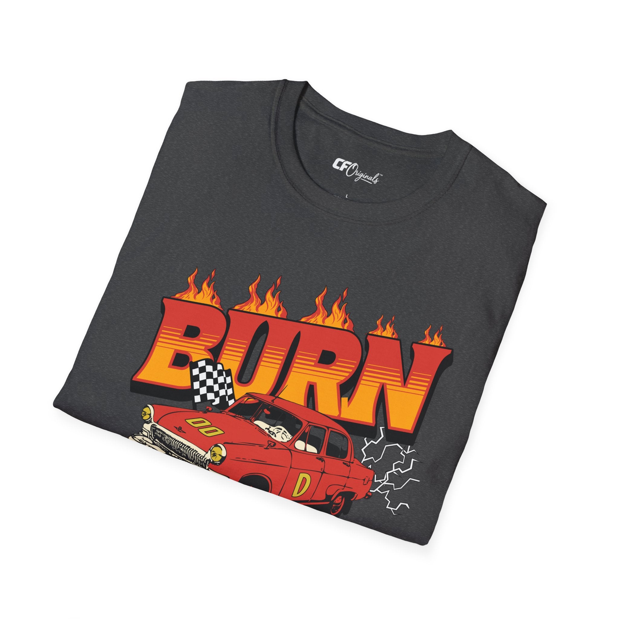 Racing 'BURN' Graphic Tee — Retro Flaming Racecar Chicago Track Shirt