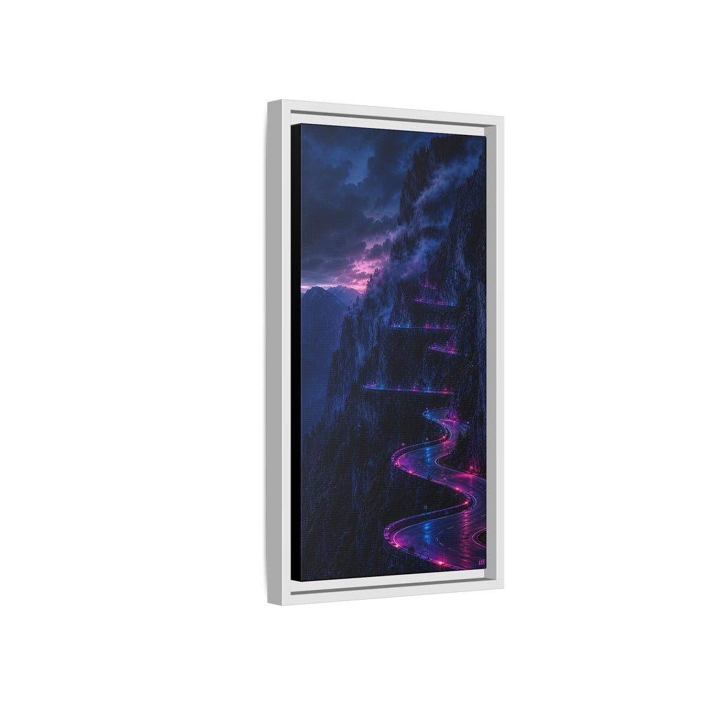 Neon Mountain Road Matte Canvas Print — Framed Nightscape Wall Art