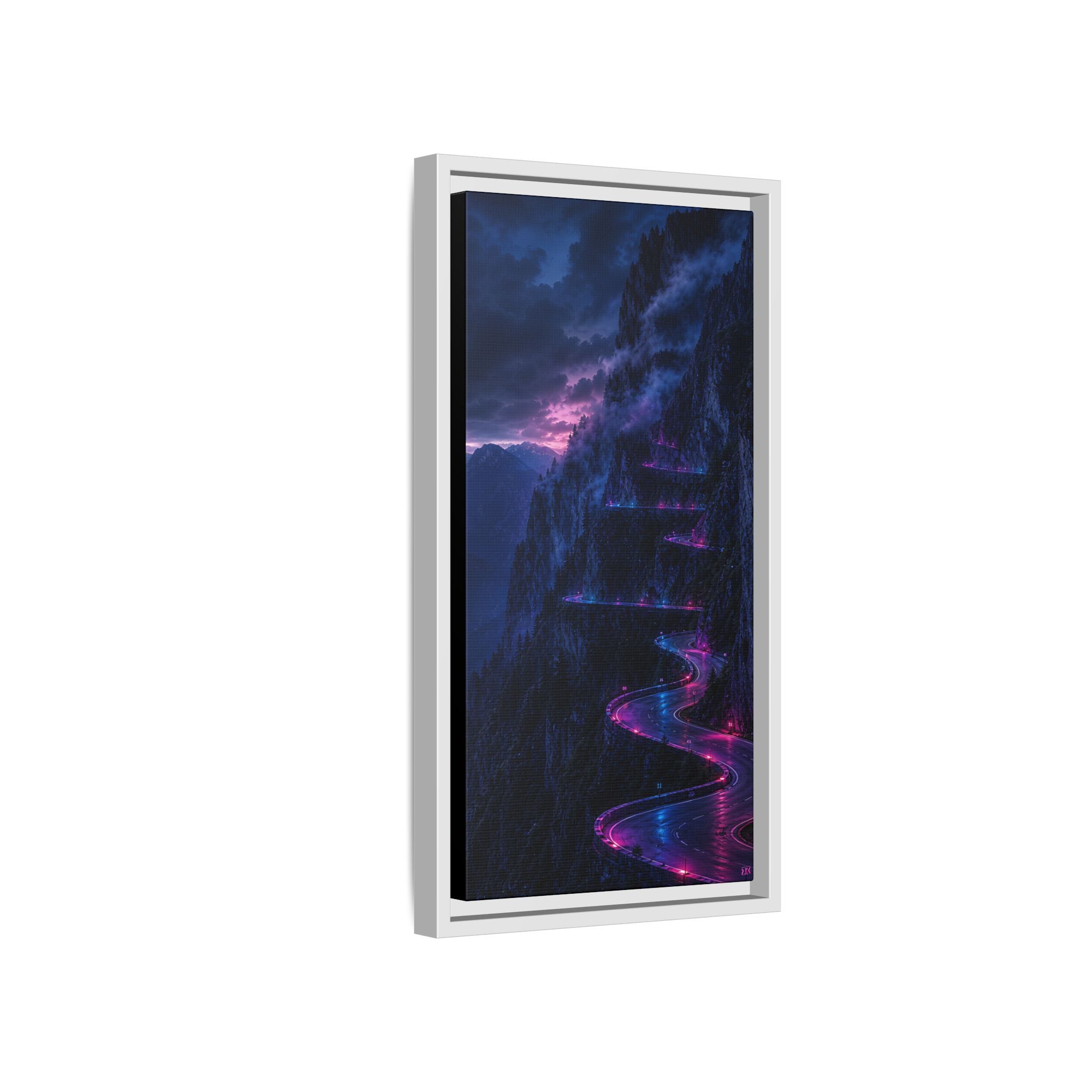 Neon Mountain Road Matte Canvas Print — Framed Nightscape Wall Art