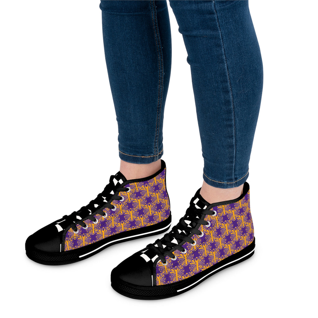 Purple and Gold Wrench High-Tops — Women's Patterned Canvas Shoes