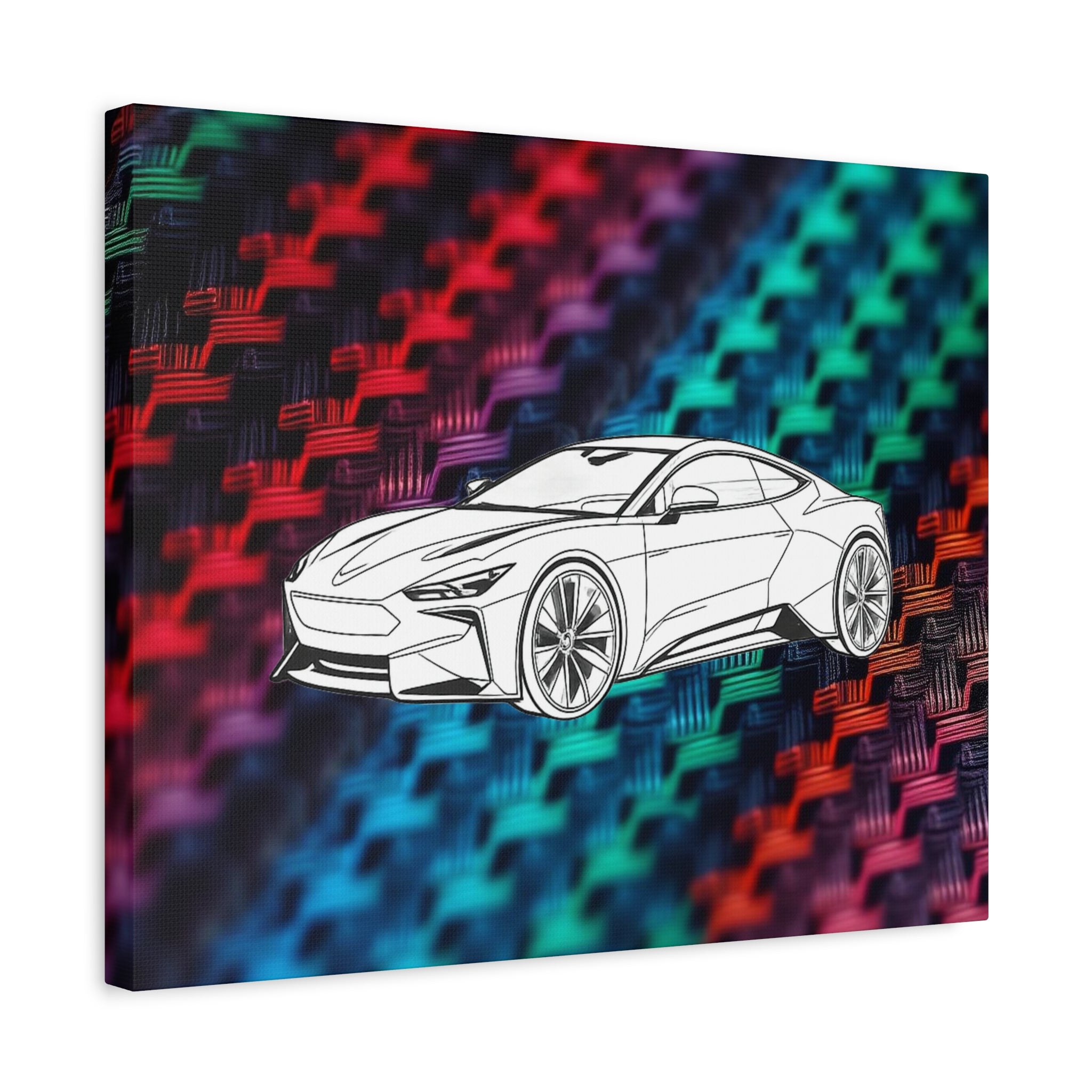 Modern Sports Car Canvas Wall Art – White Line Drawing on Rainbow Carbon Fiber Background