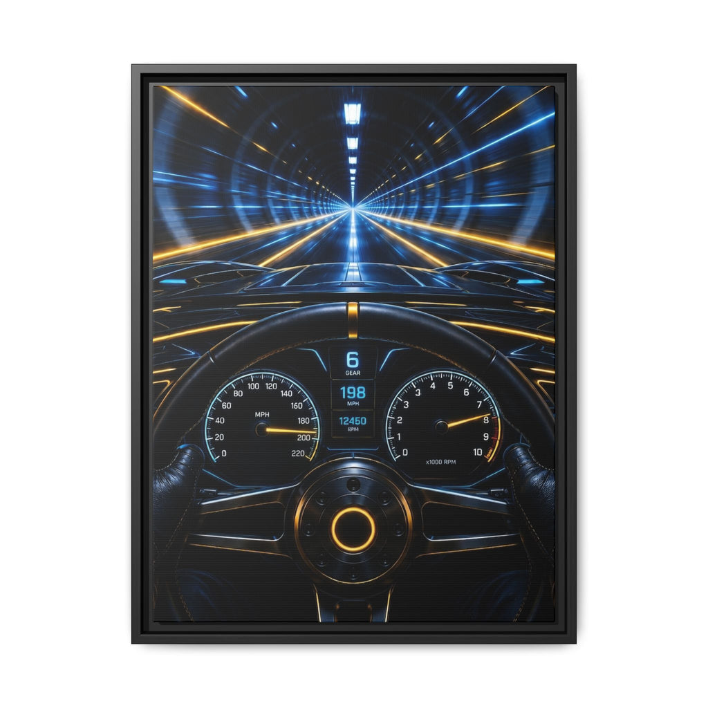 Tunnel Drive Framed Canvas Print — Retro Futuristic Car Dashboard Wall Art