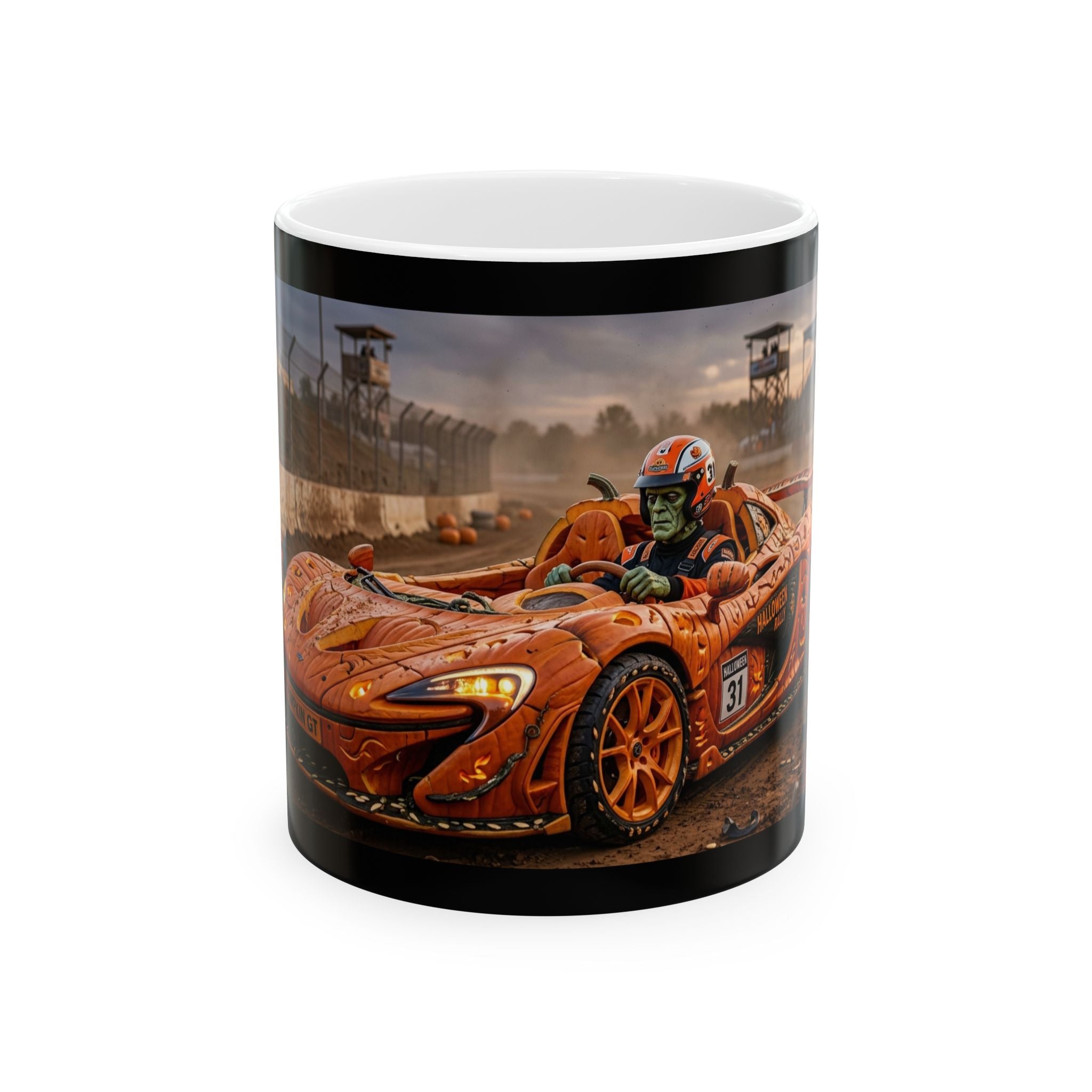 Racing Car Mug — Orange Pumpkin Sports Car (11oz & 15oz)