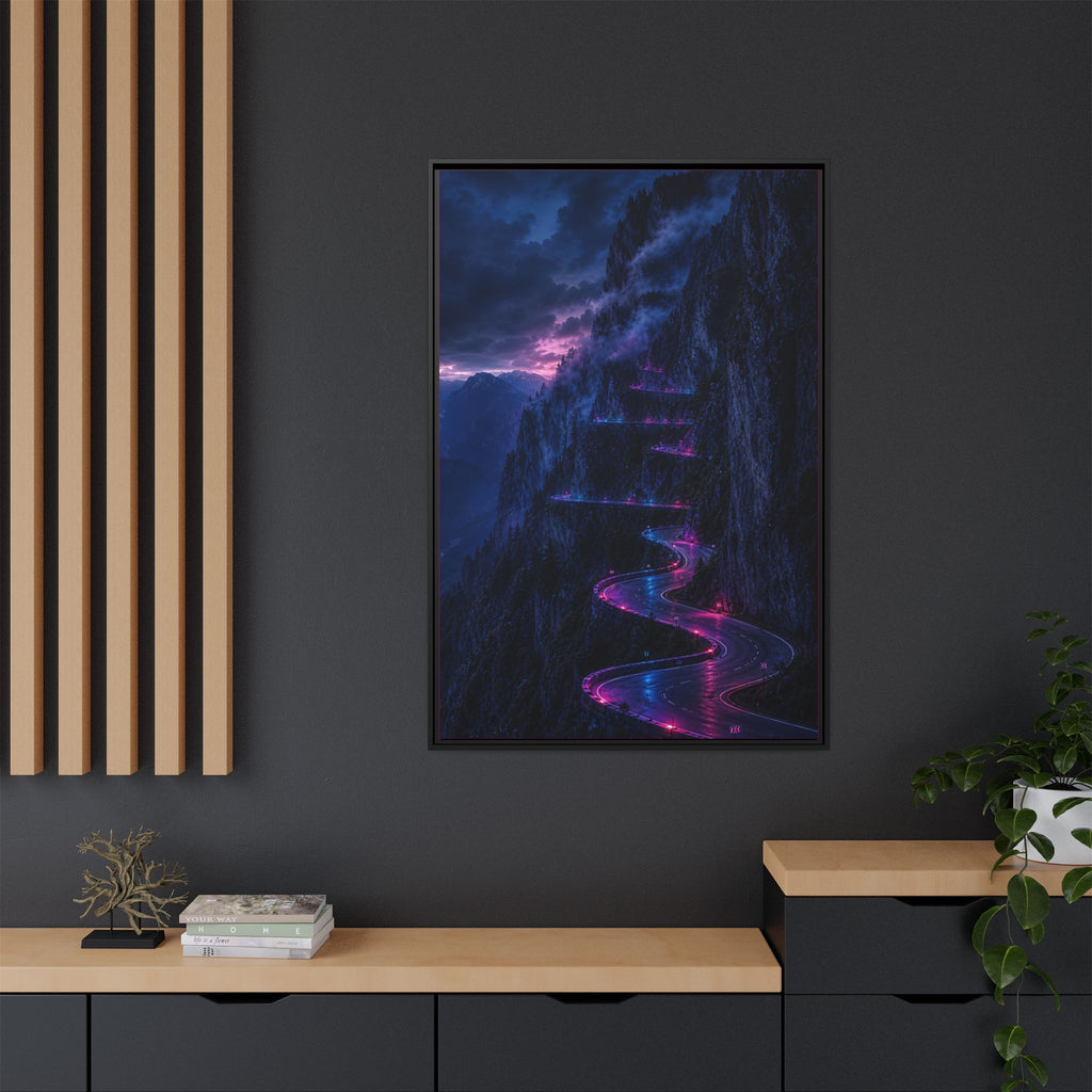 Neon Mountain Road Matte Canvas Print — Framed Nightscape Wall Art