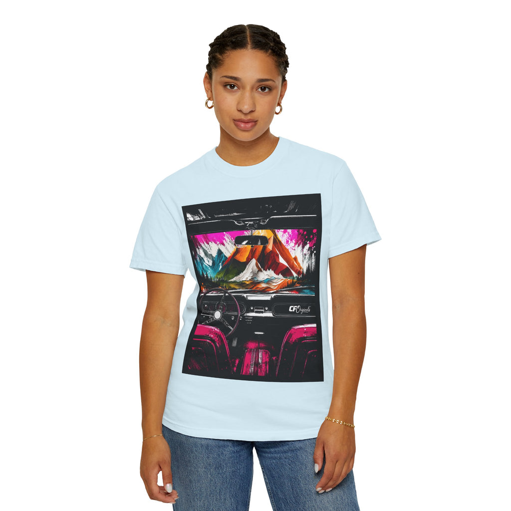 CarFits.store Big Prints T-Shirt — Retro Engine & Scenic Drive