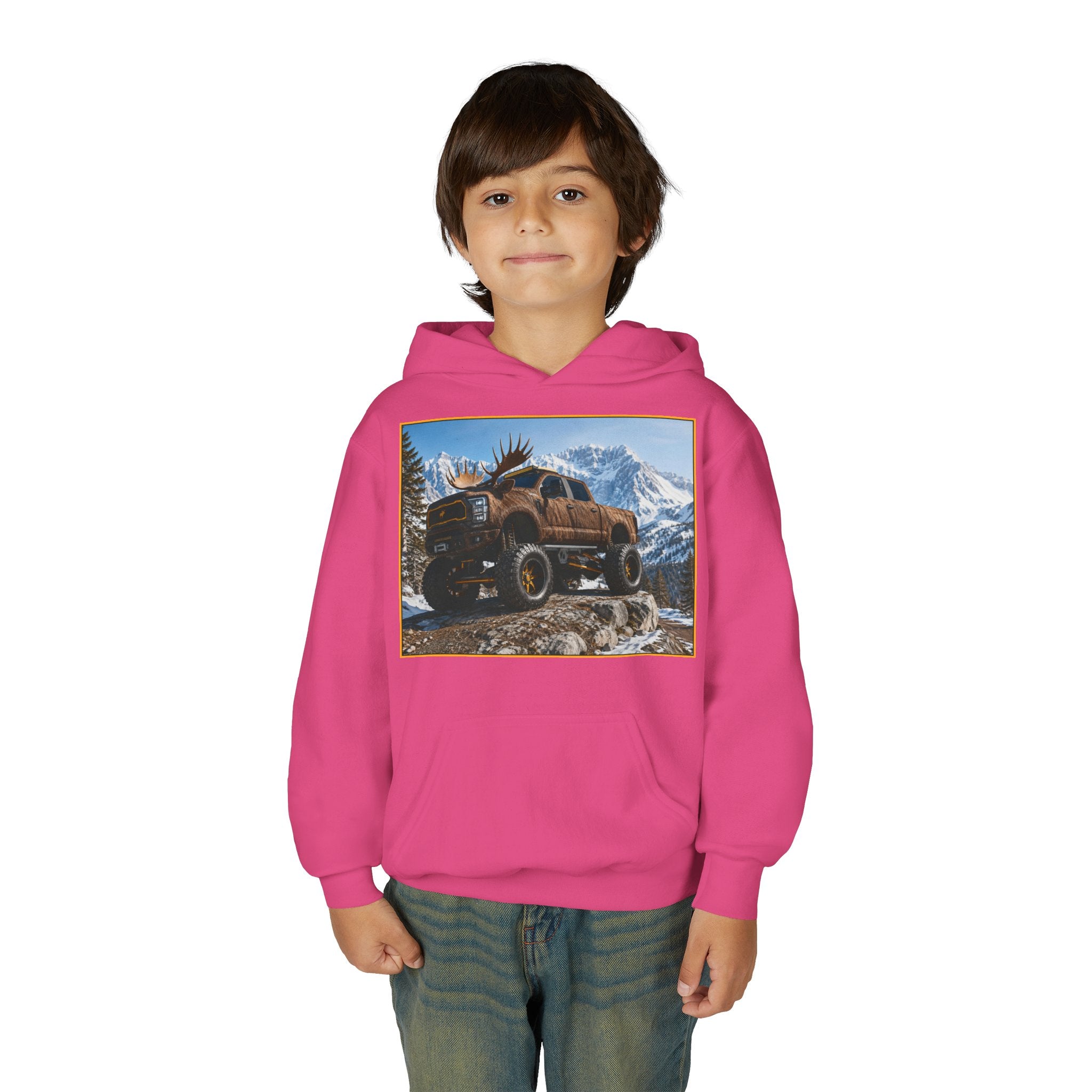 Youth Hoodie - Moose Truck Mountain Adventure Graphic
