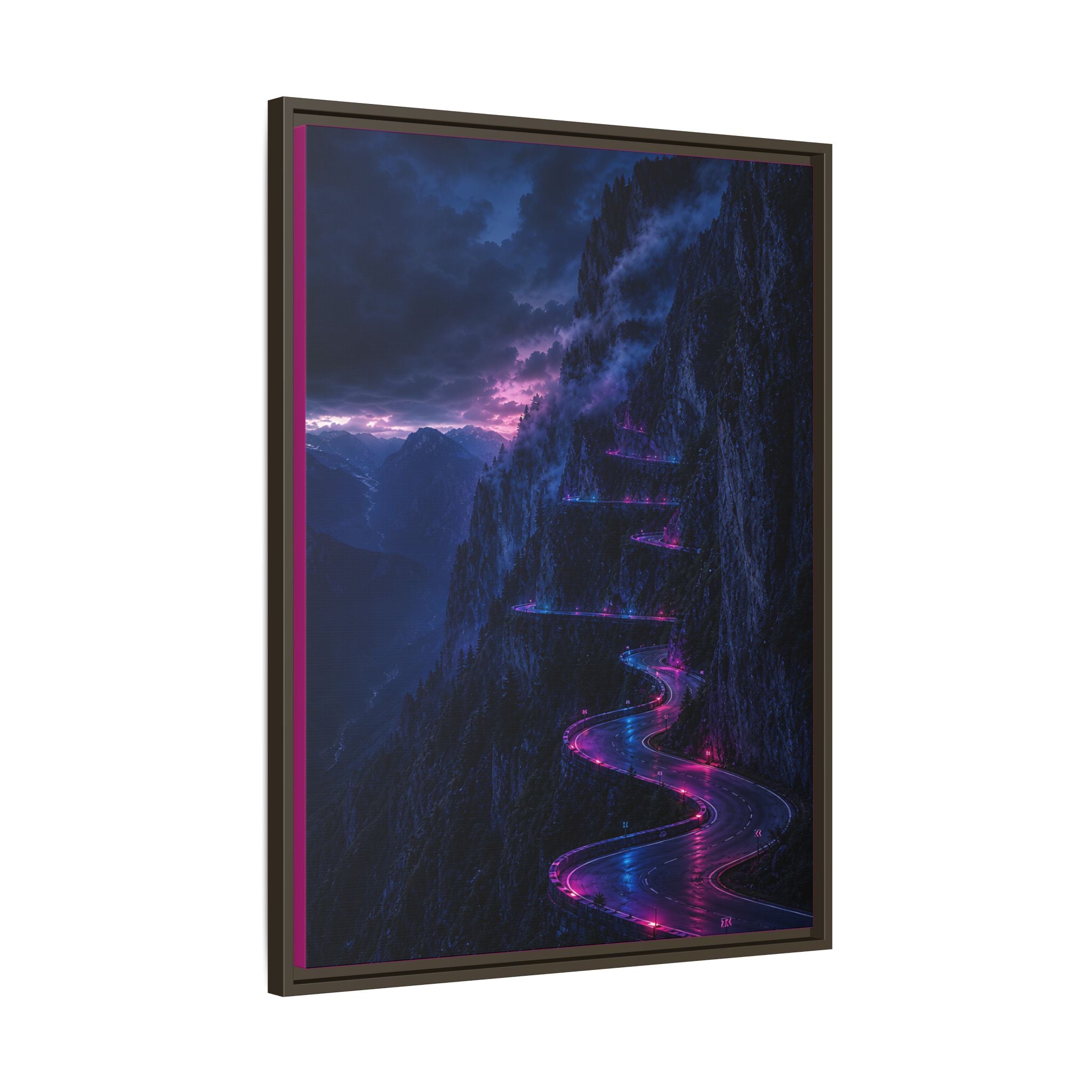Neon Mountain Road Matte Canvas Print — Framed Nightscape Wall Art