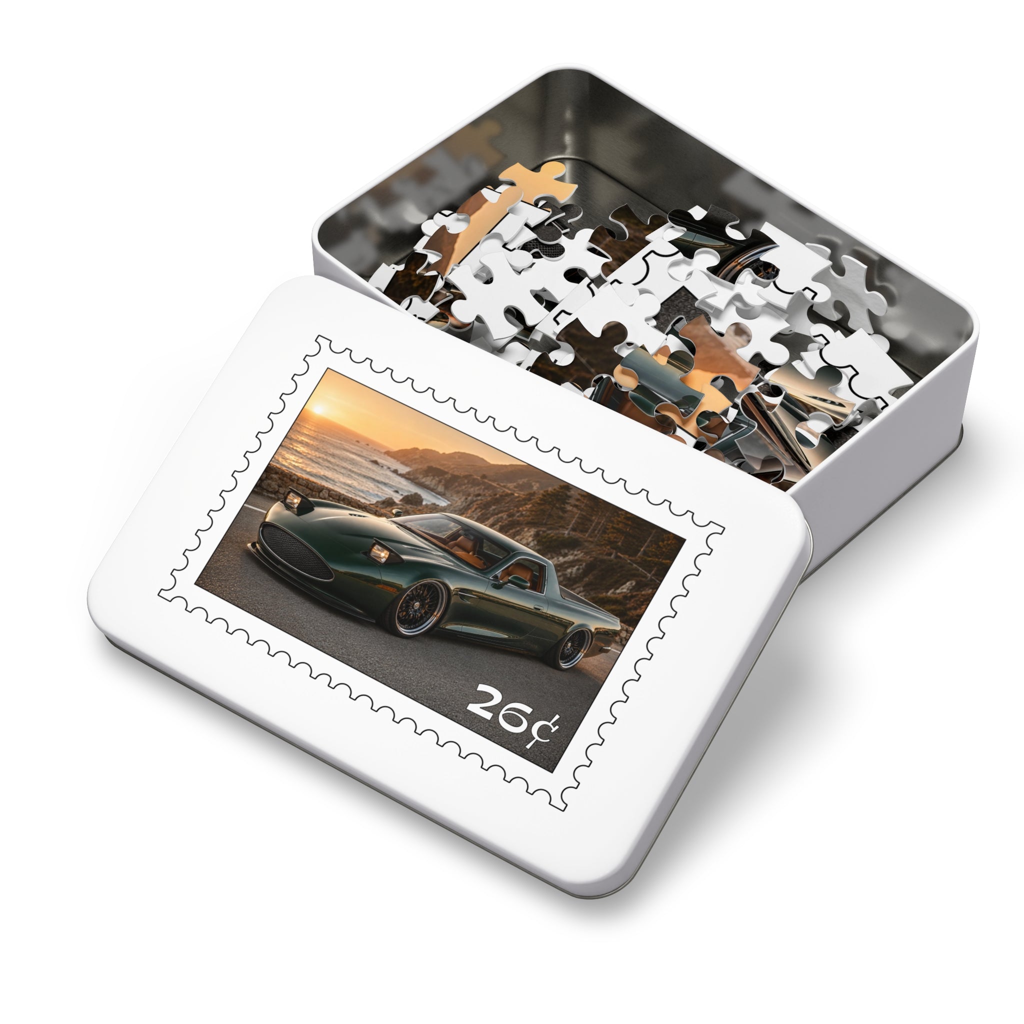 Sports Car Puzzle — Coastal Sunset 26 Stamp Design (Jigsaw with Tin)