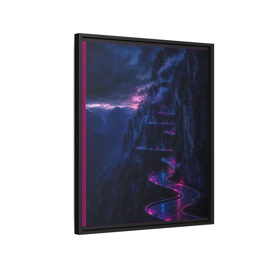 Neon Mountain Road Matte Canvas Print — Framed Nightscape Wall Art