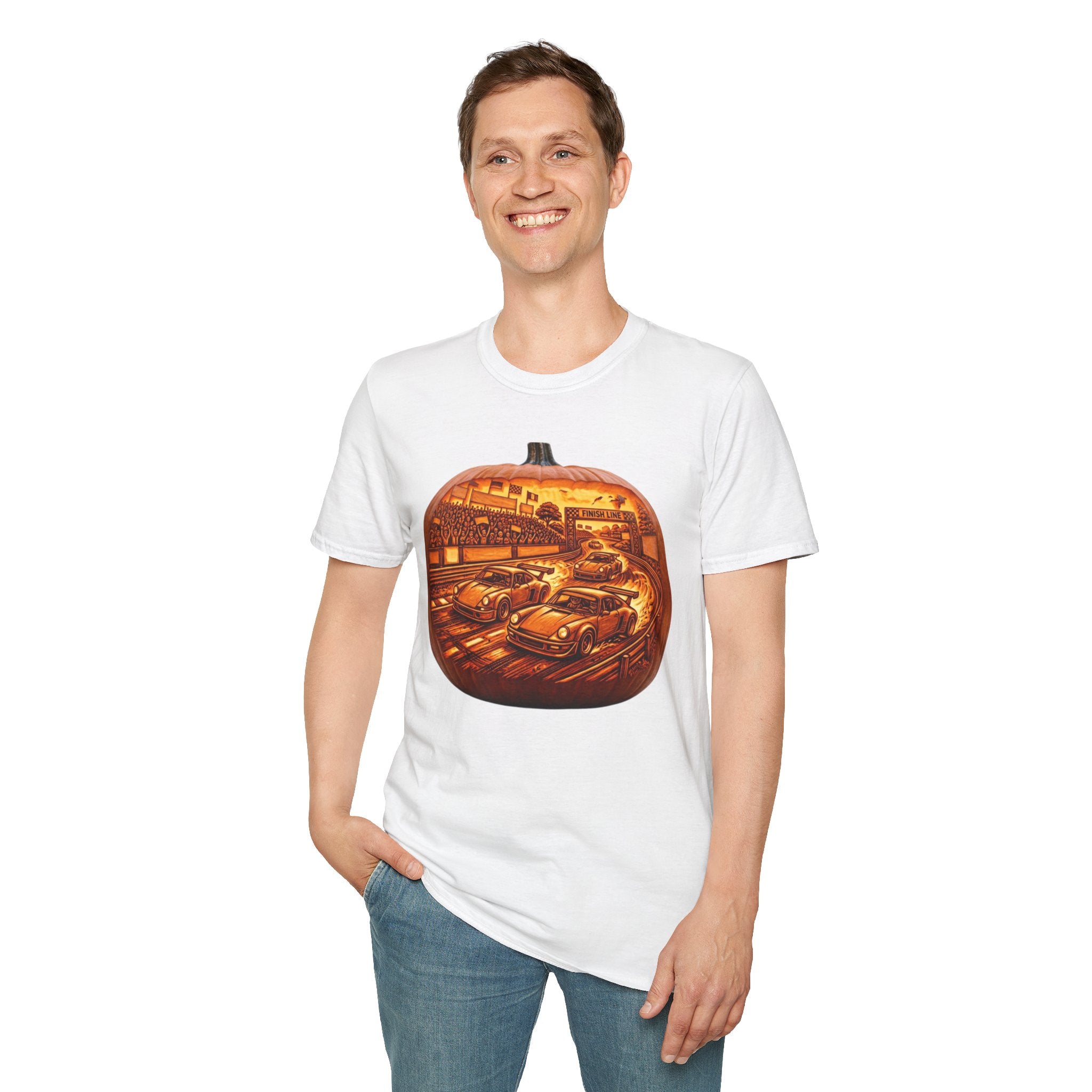 Vintage Racing Pumpkin T-Shirt — Retro Car Grand Prix Halloween Tee