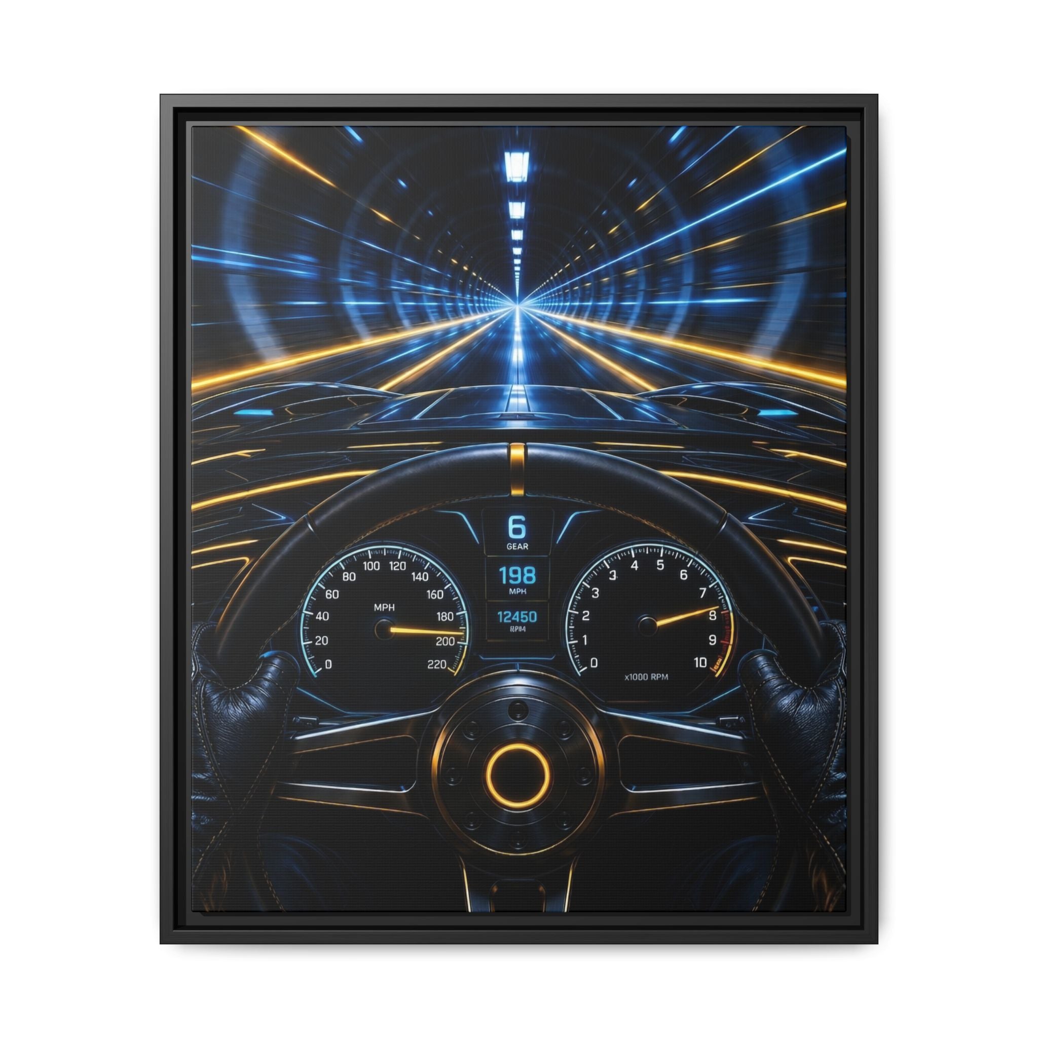 Tunnel Drive Framed Canvas Print — Retro Futuristic Car Dashboard Wall Art