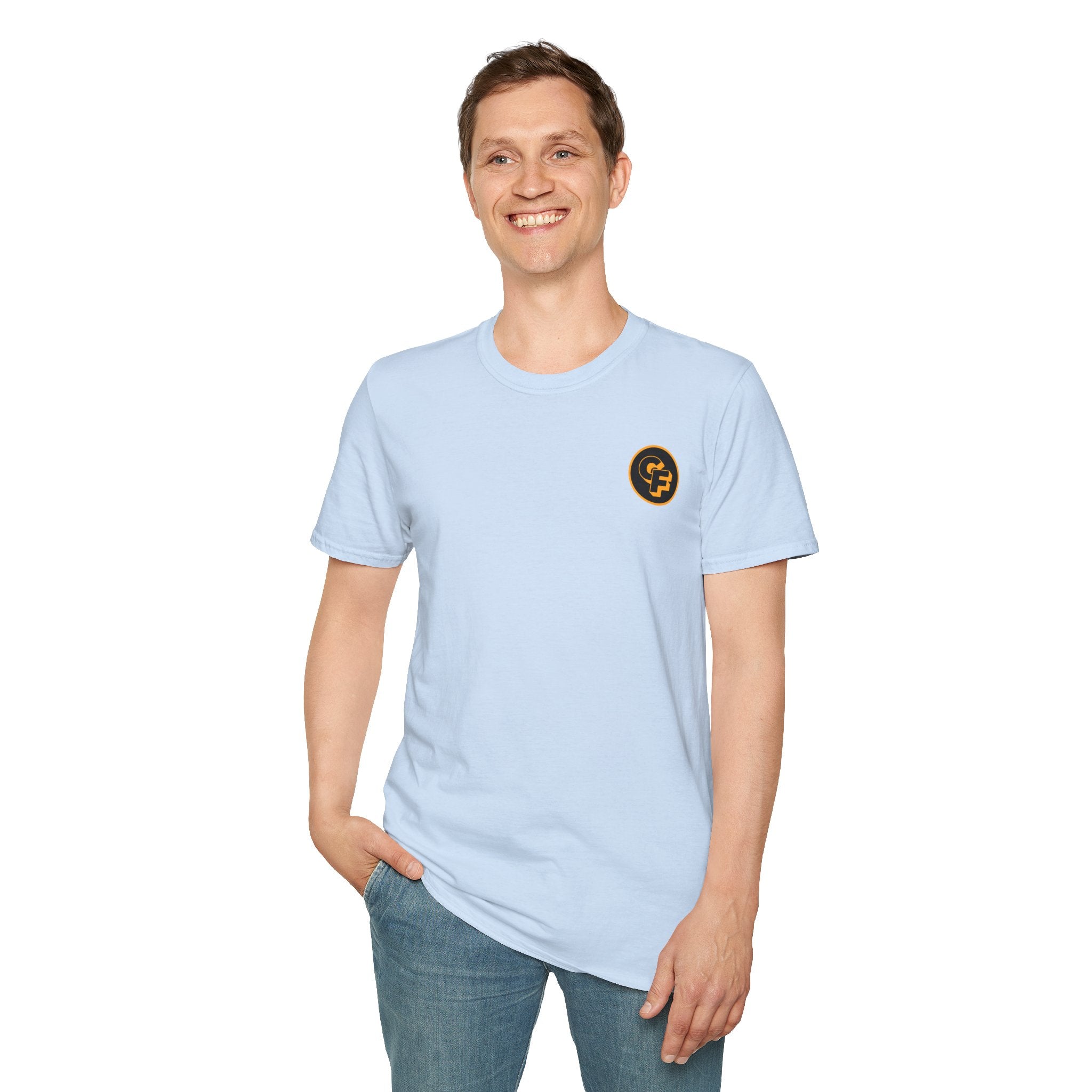 Minimal Orange CF Logo T-Shirt — Subtle Chest & Statement Back Graphic