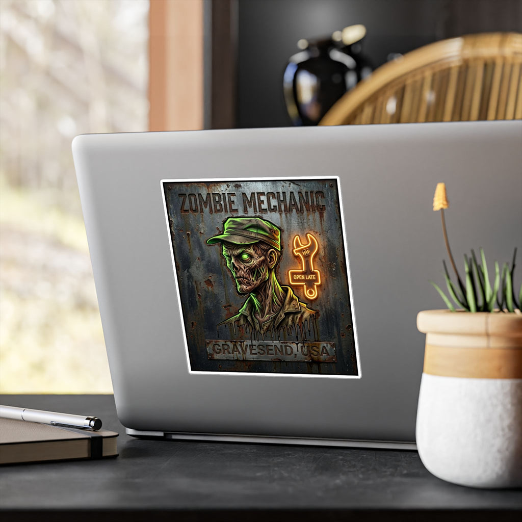 Zombie Mechanic Vinyl Decal — Horror Garage Sticker (Kiss-Cut)
