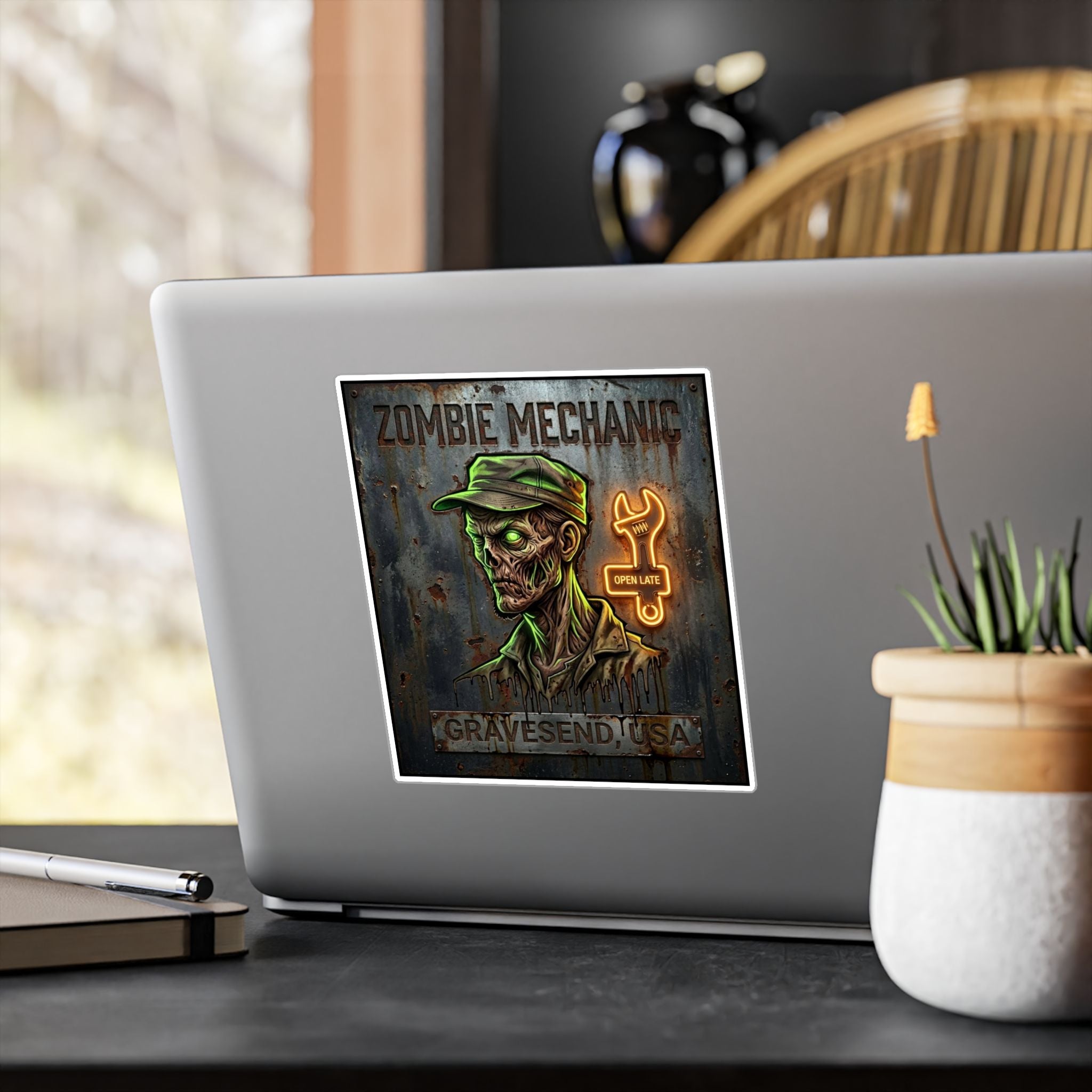 Zombie Mechanic Vinyl Decal — Horror Garage Sticker (Kiss-Cut)