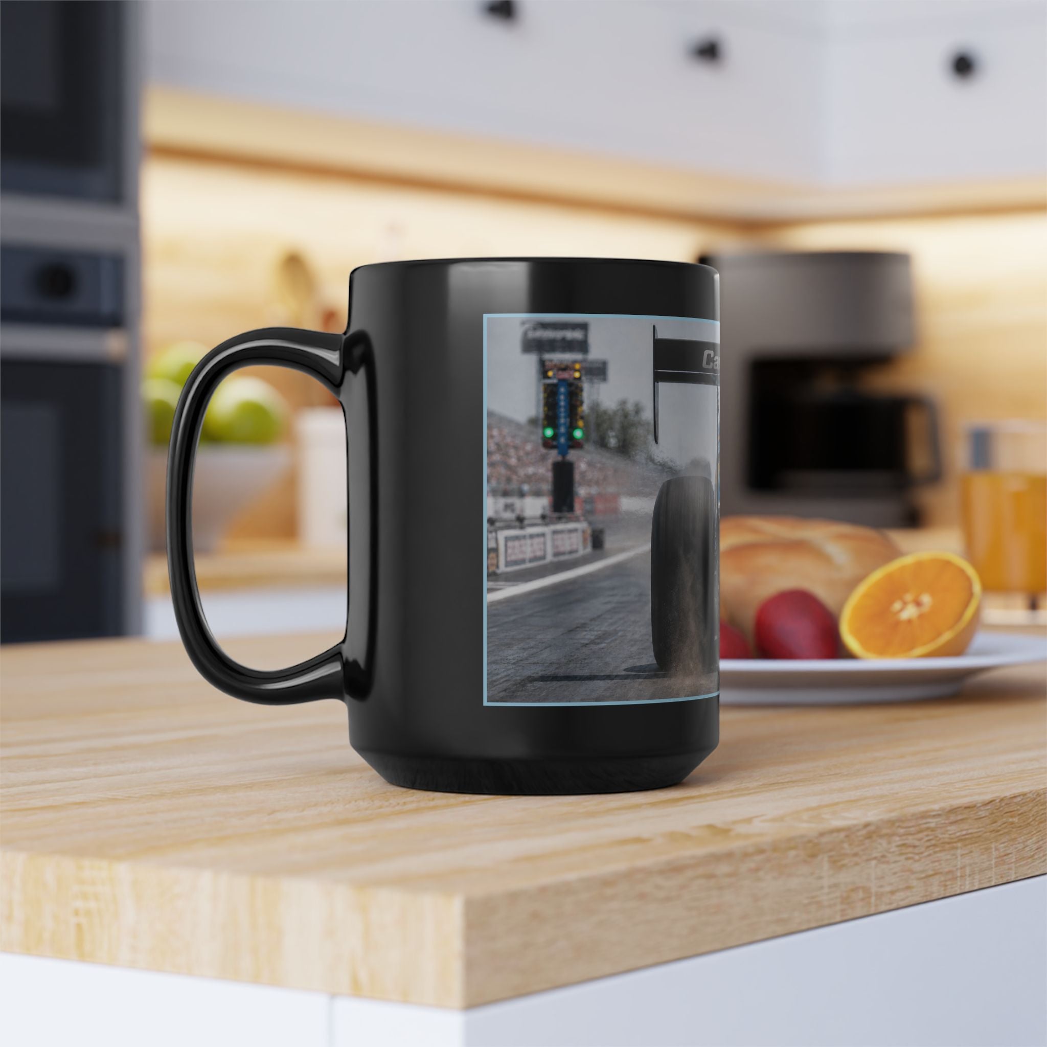 Dragster Racing Black Mug — High-Speed Drag Racing Photo Coffee Cup (11oz/15oz)