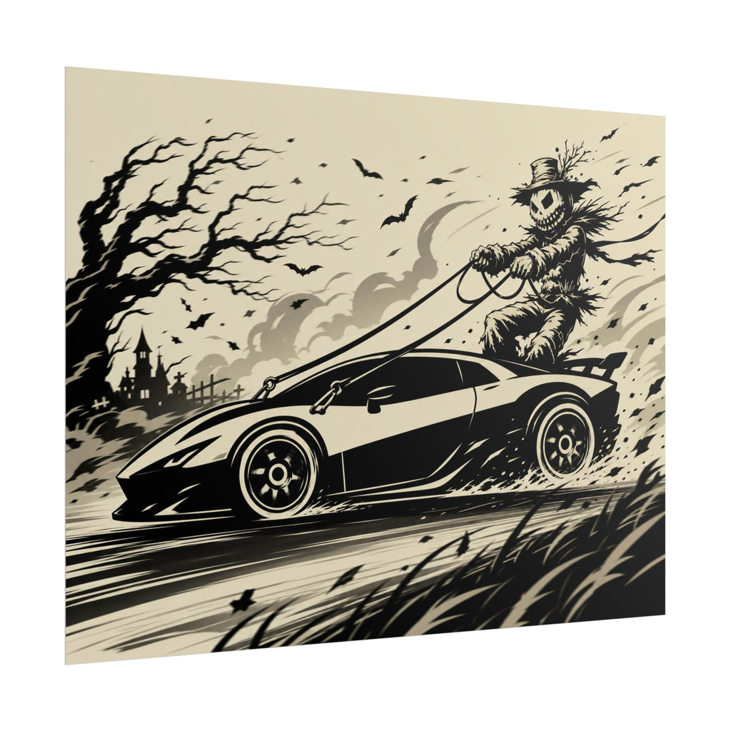 Poster - Scarecrow Driving Sports Car Vintage Halloween Art Print