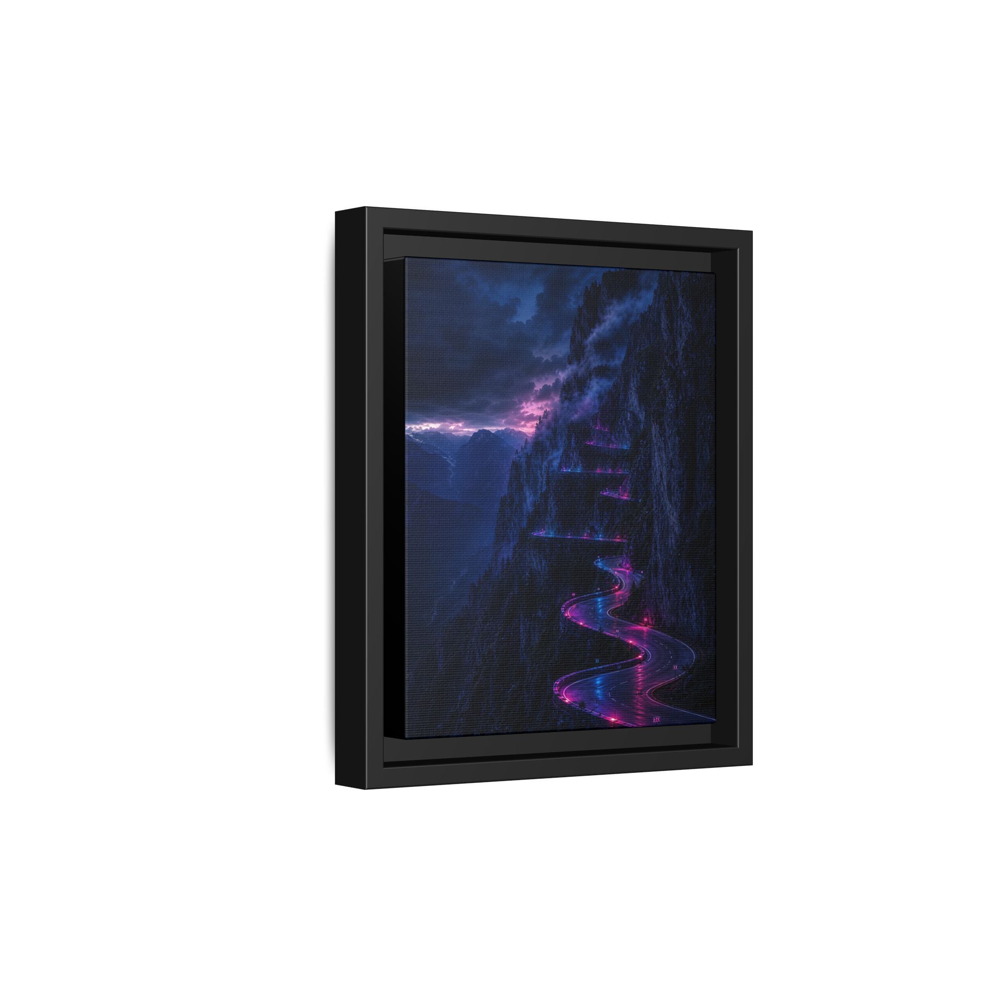 Neon Mountain Road Matte Canvas Print — Framed Nightscape Wall Art