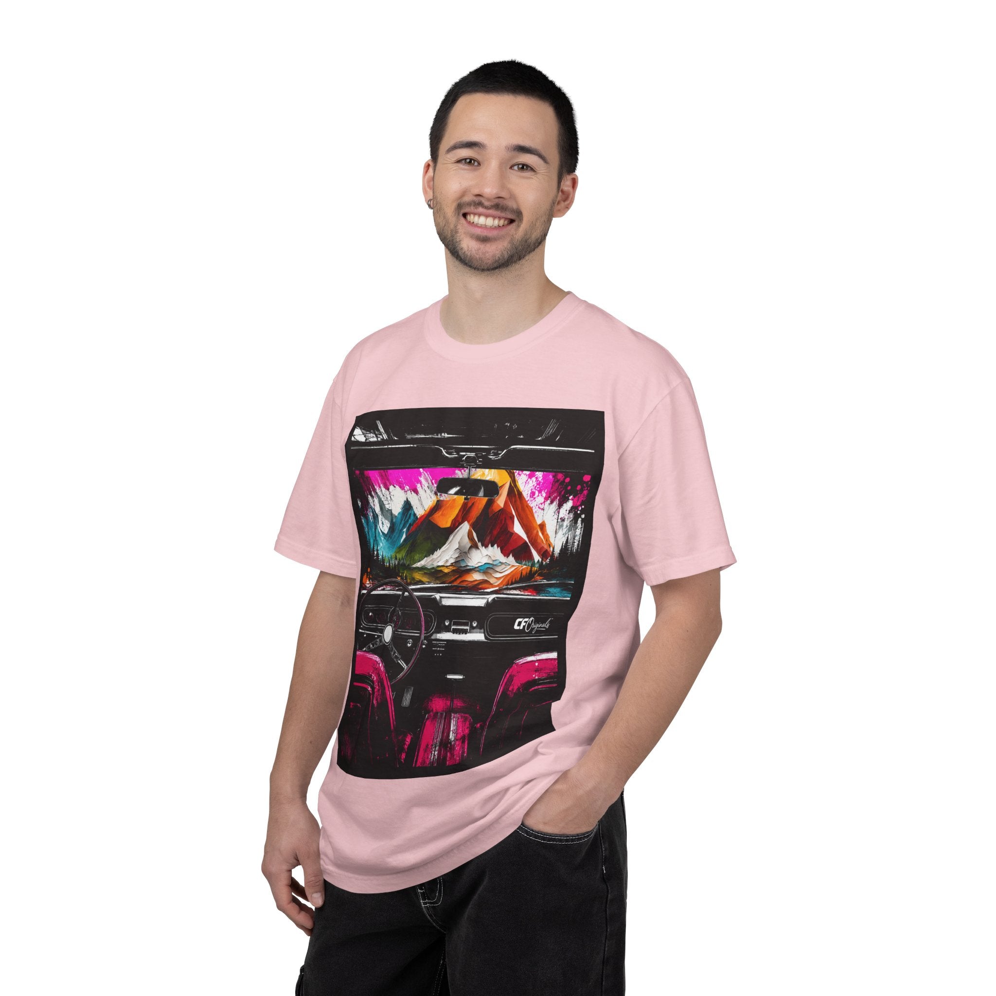 CarFits.store Big Prints T-Shirt — Retro Engine & Scenic Drive