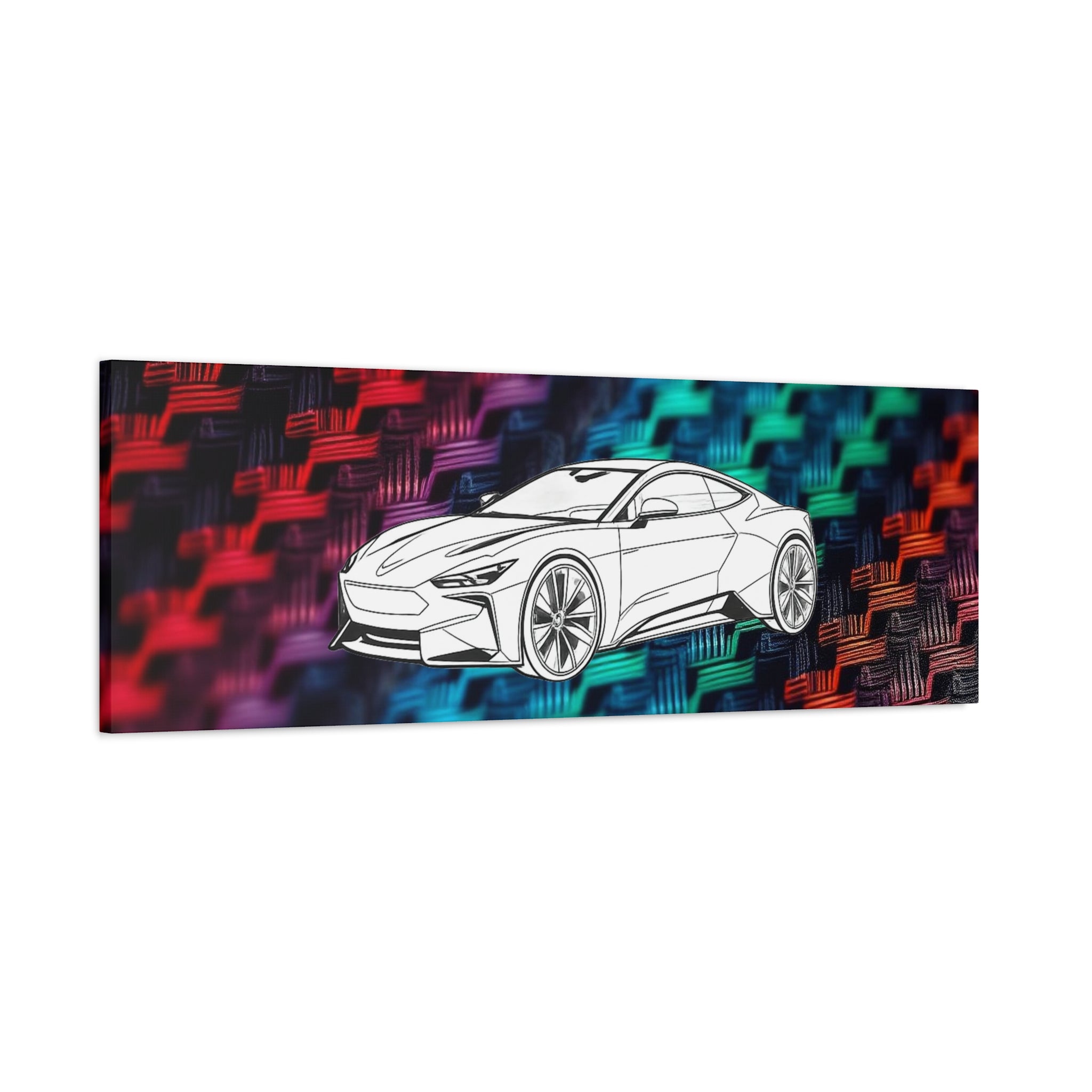 Modern Sports Car Canvas Wall Art – White Line Drawing on Rainbow Carbon Fiber Background