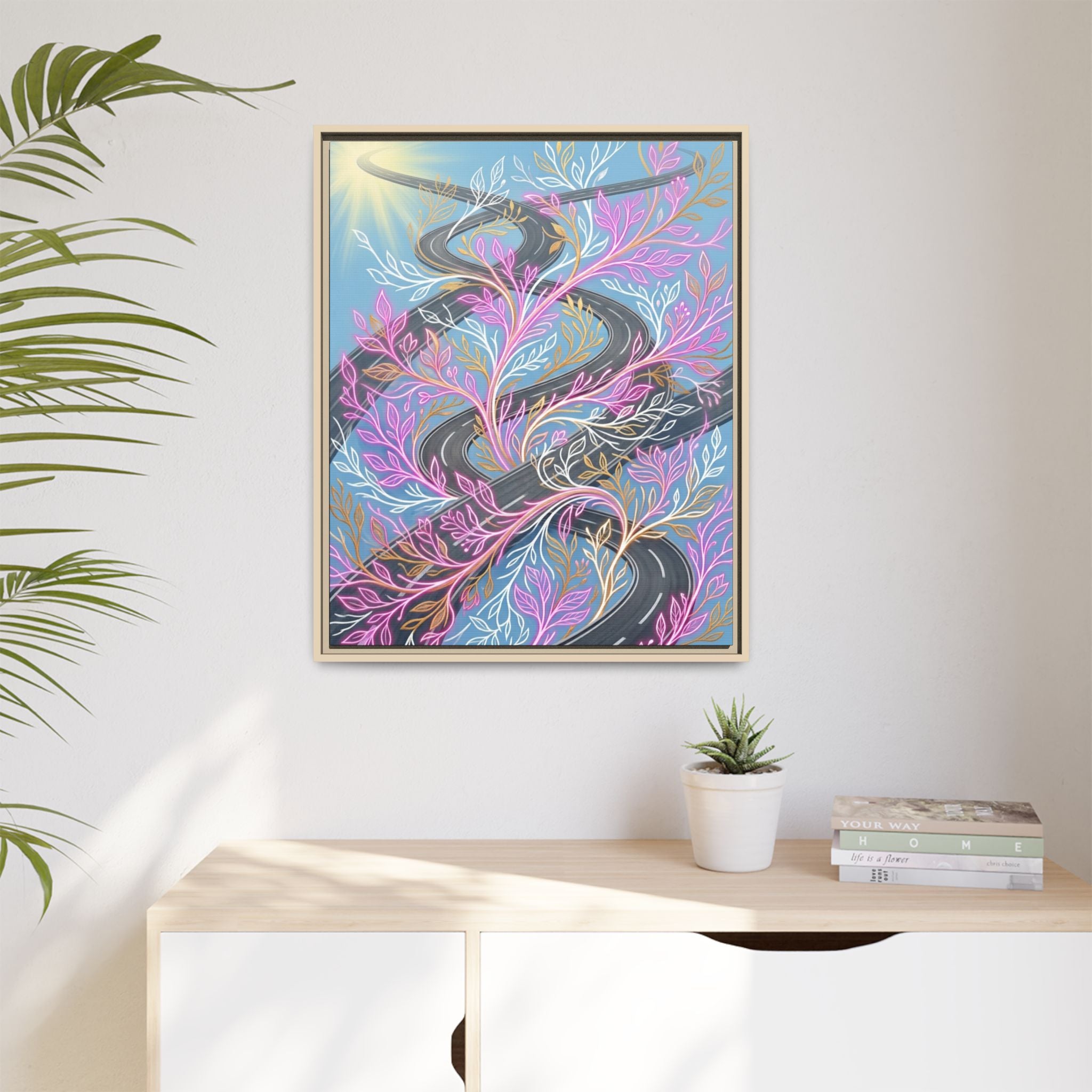 Framed Matte Canvas Floral Vines Wall Art — Pastel Botanical Abstract