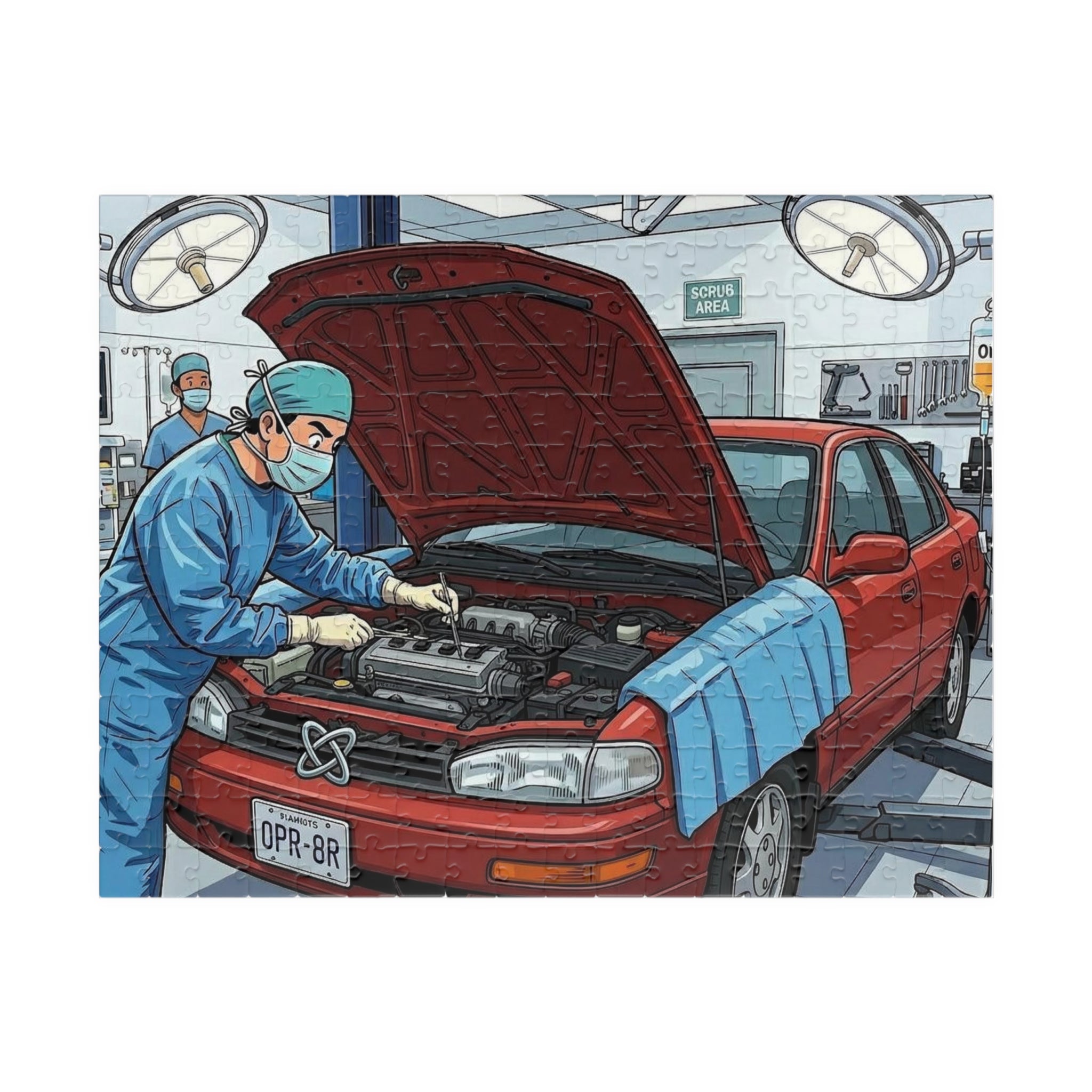 Car Surgery Operation Puzzle — Automotive Repair Illustration Jigsaw (110/252/520/1014 pcs)