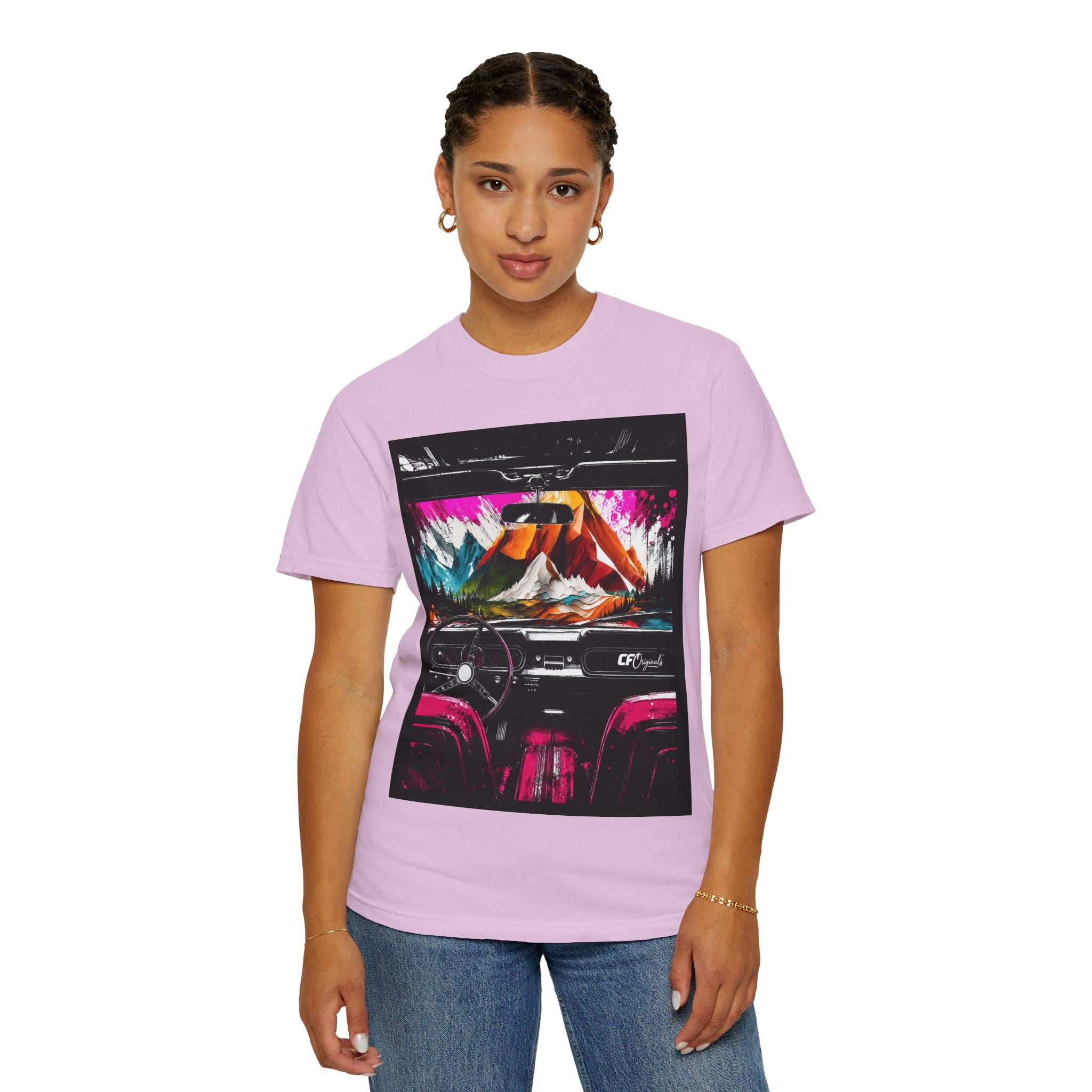 CarFits.store Big Prints T-Shirt — Retro Engine & Scenic Drive