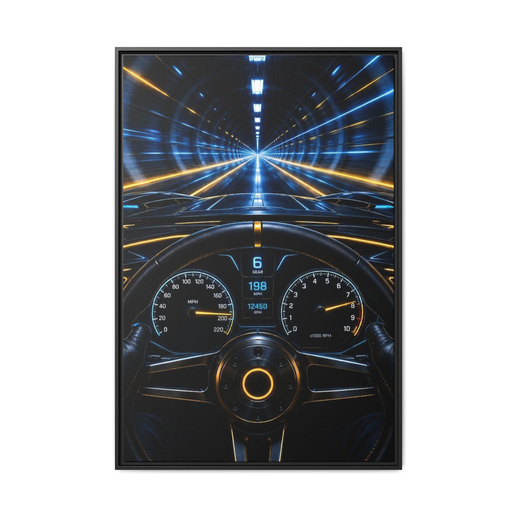 Tunnel Drive Framed Canvas Print — Retro Futuristic Car Dashboard Wall Art