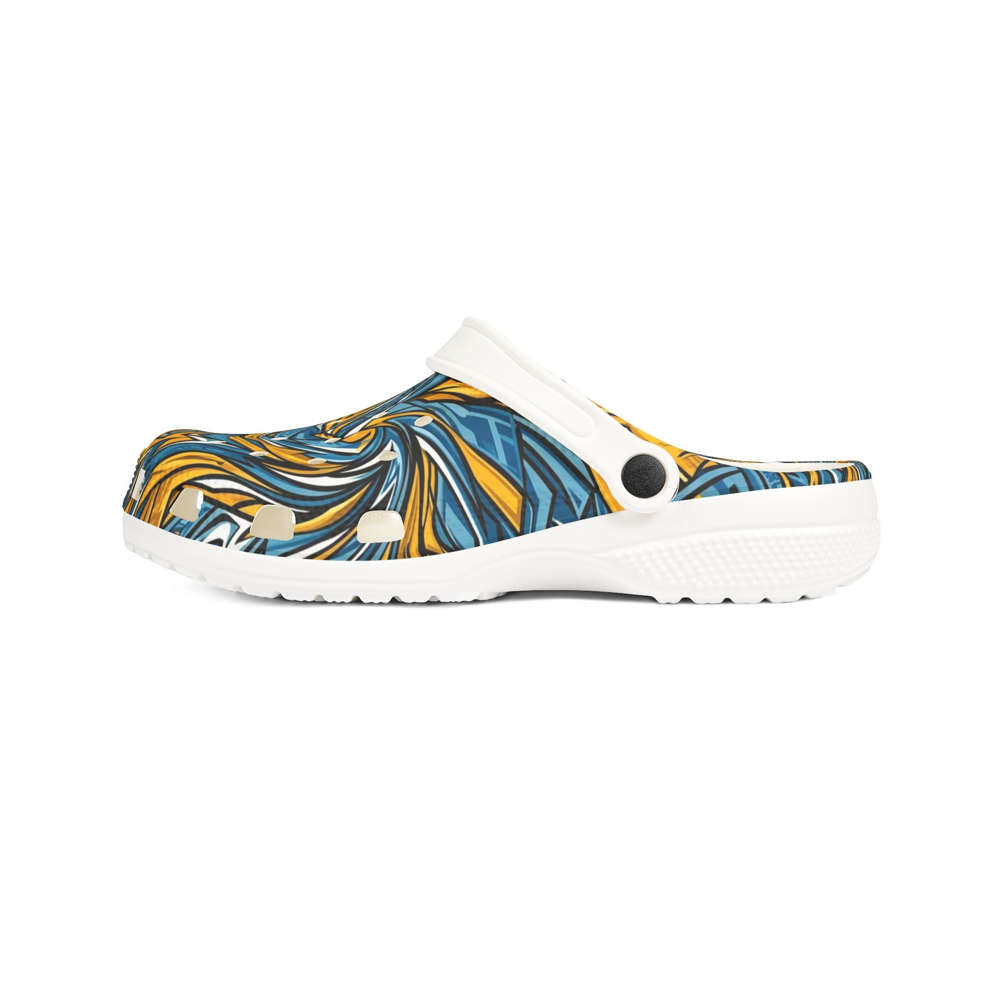 Abstract Blue & Gold EVA Foam Clogs — Slip-On Comfort