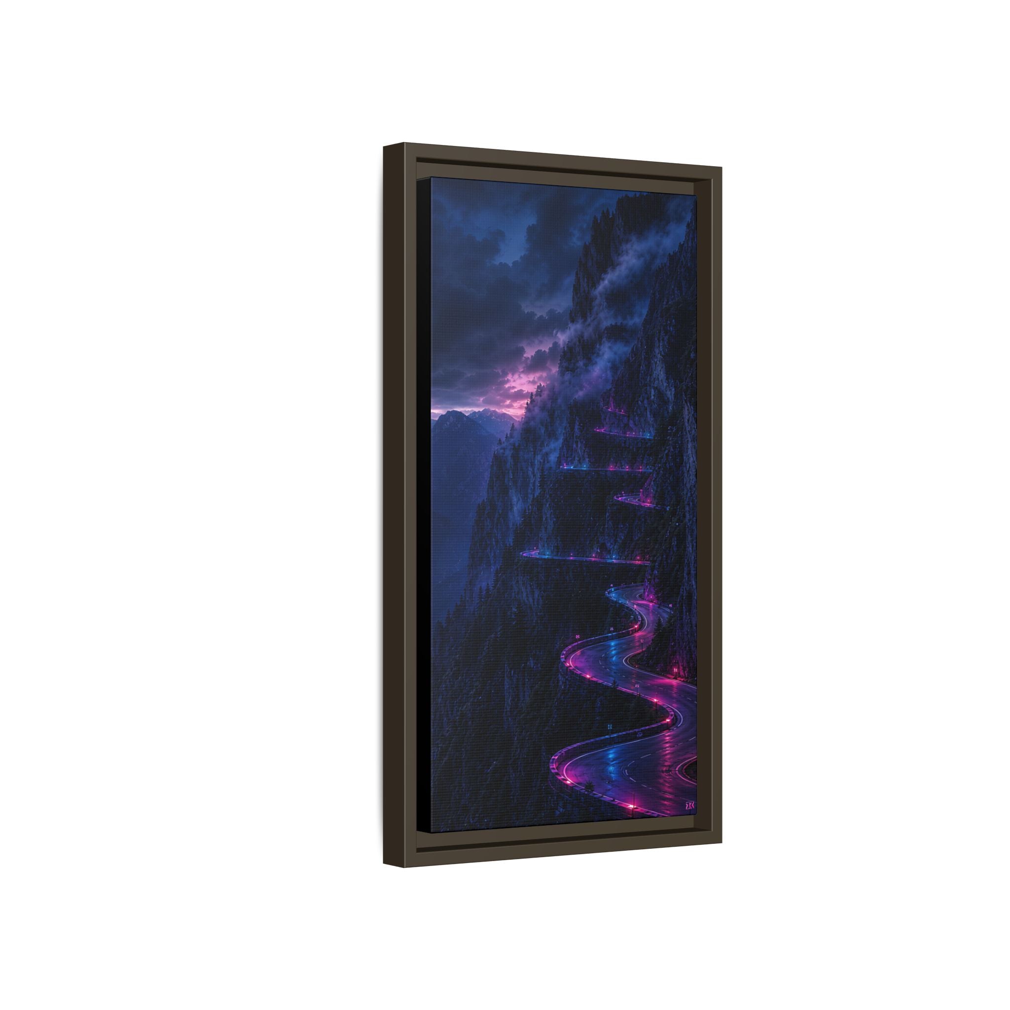 Neon Mountain Road Matte Canvas Print — Framed Nightscape Wall Art